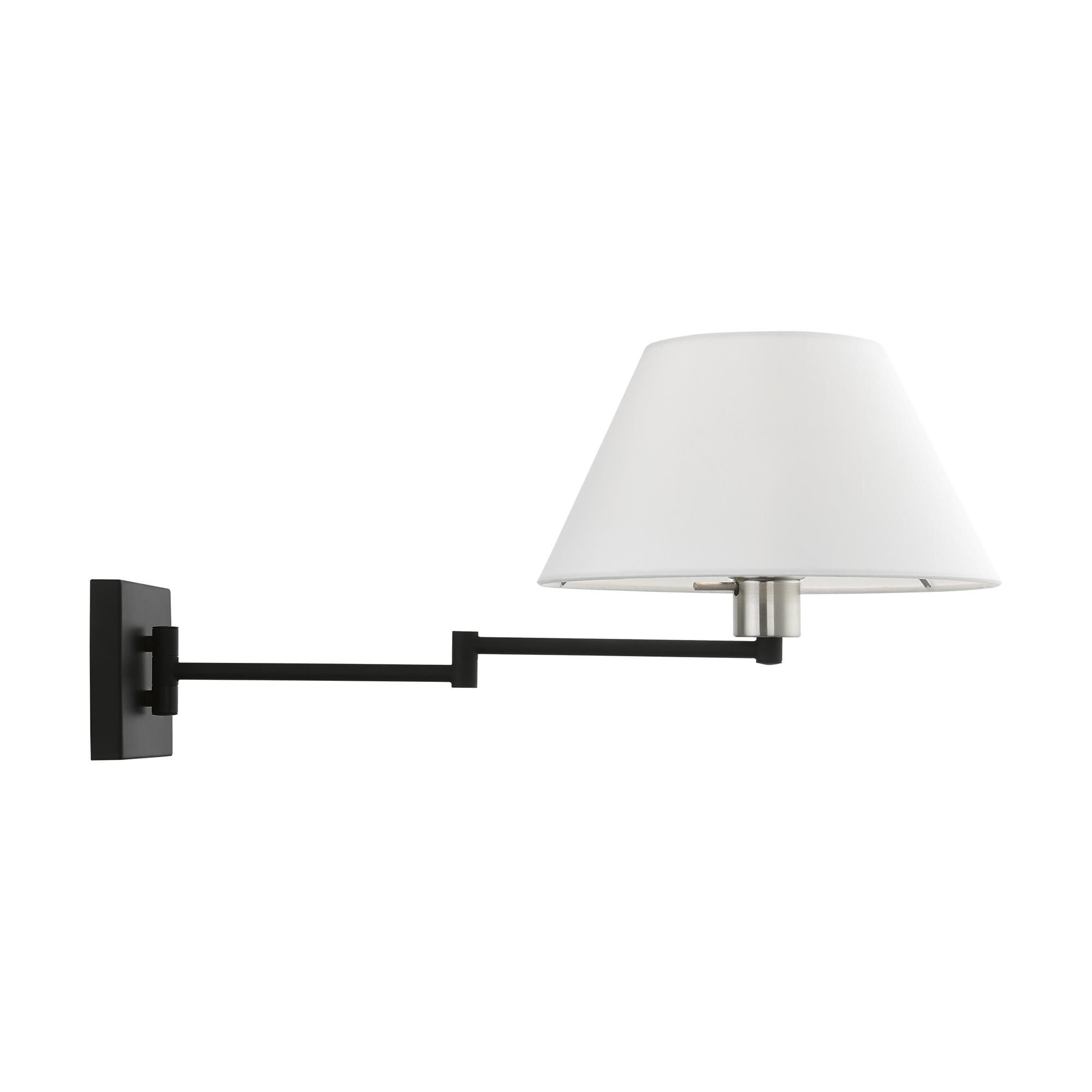 Shown in Black with Brushed Nickel Accent finish and Hand Crafted Off-White Hardback Fabric shade