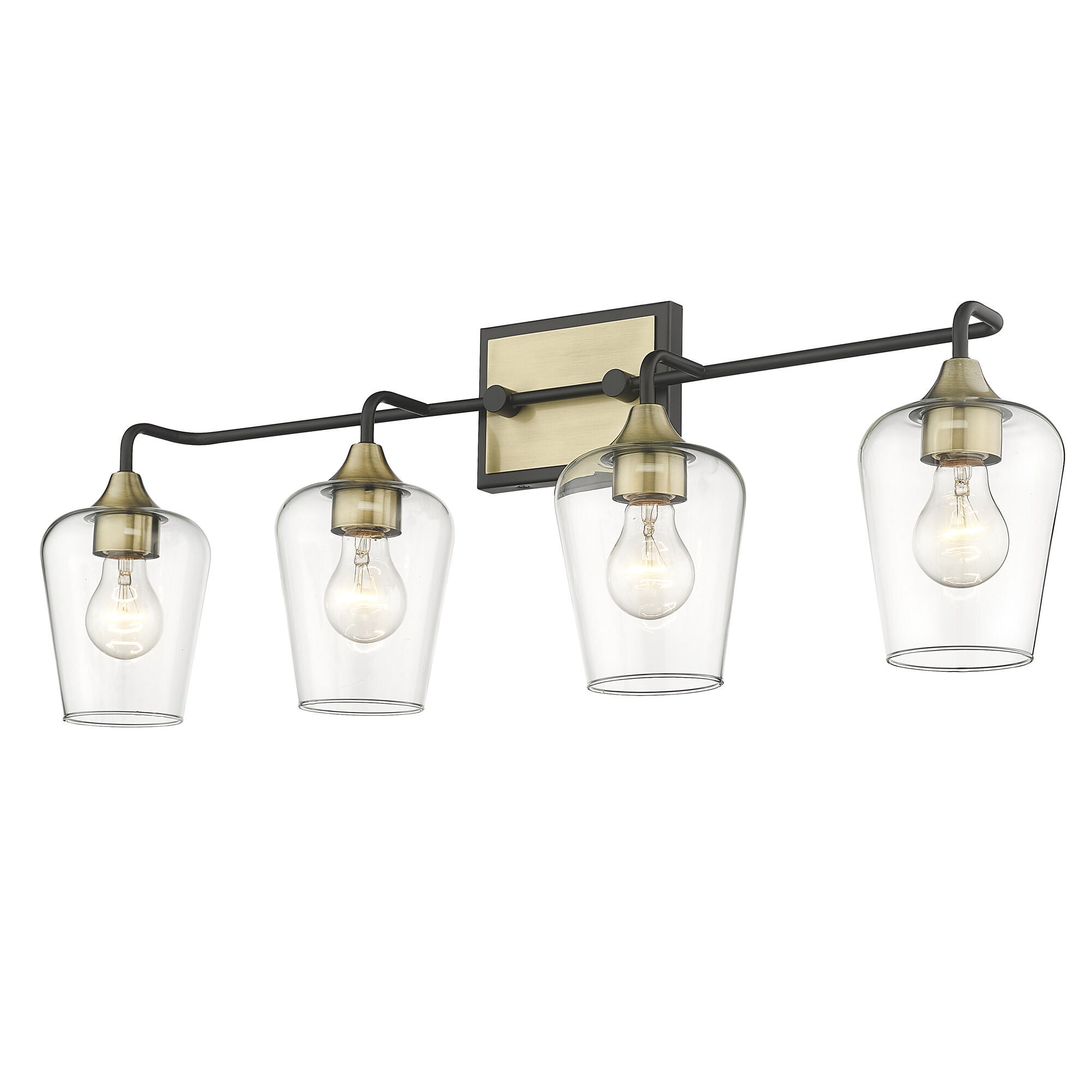 Shown in Antique Brass And Black finish and Clear Glass shade