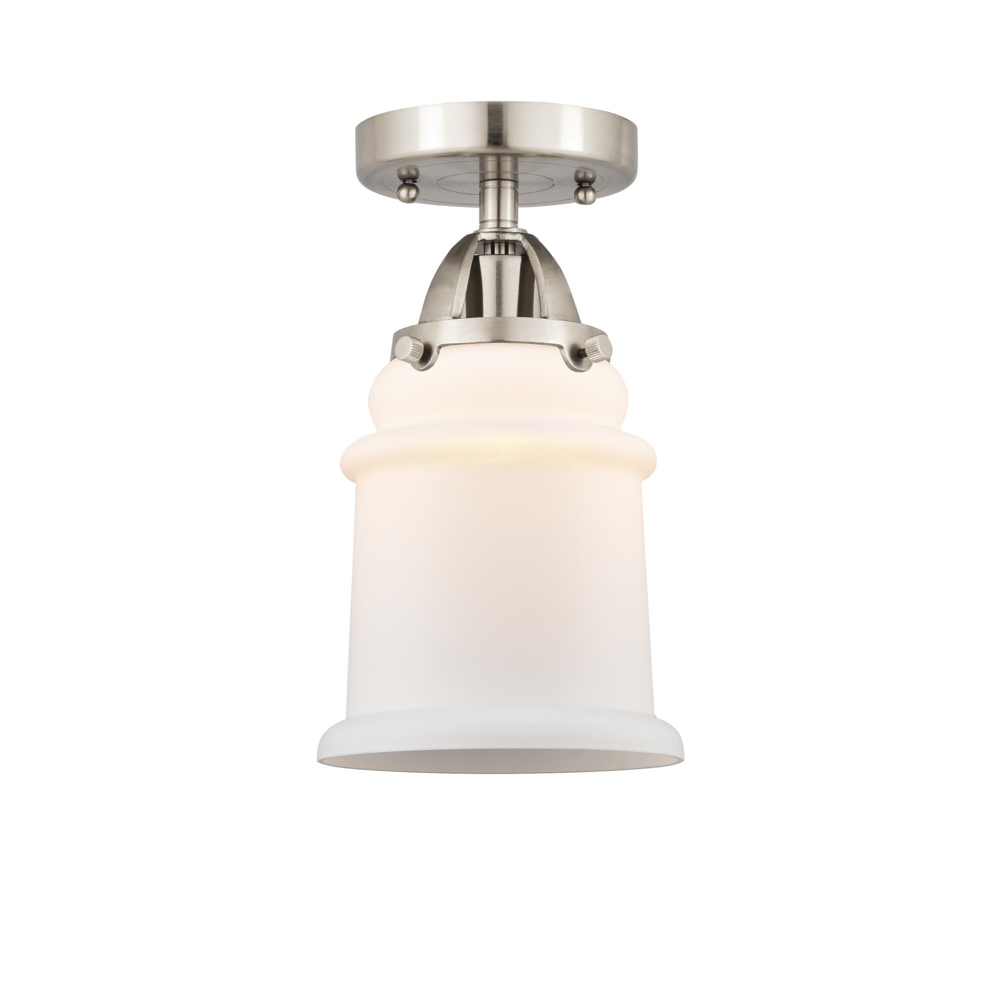 Shown in Brushed Satin Nickel finish and Matte White glass