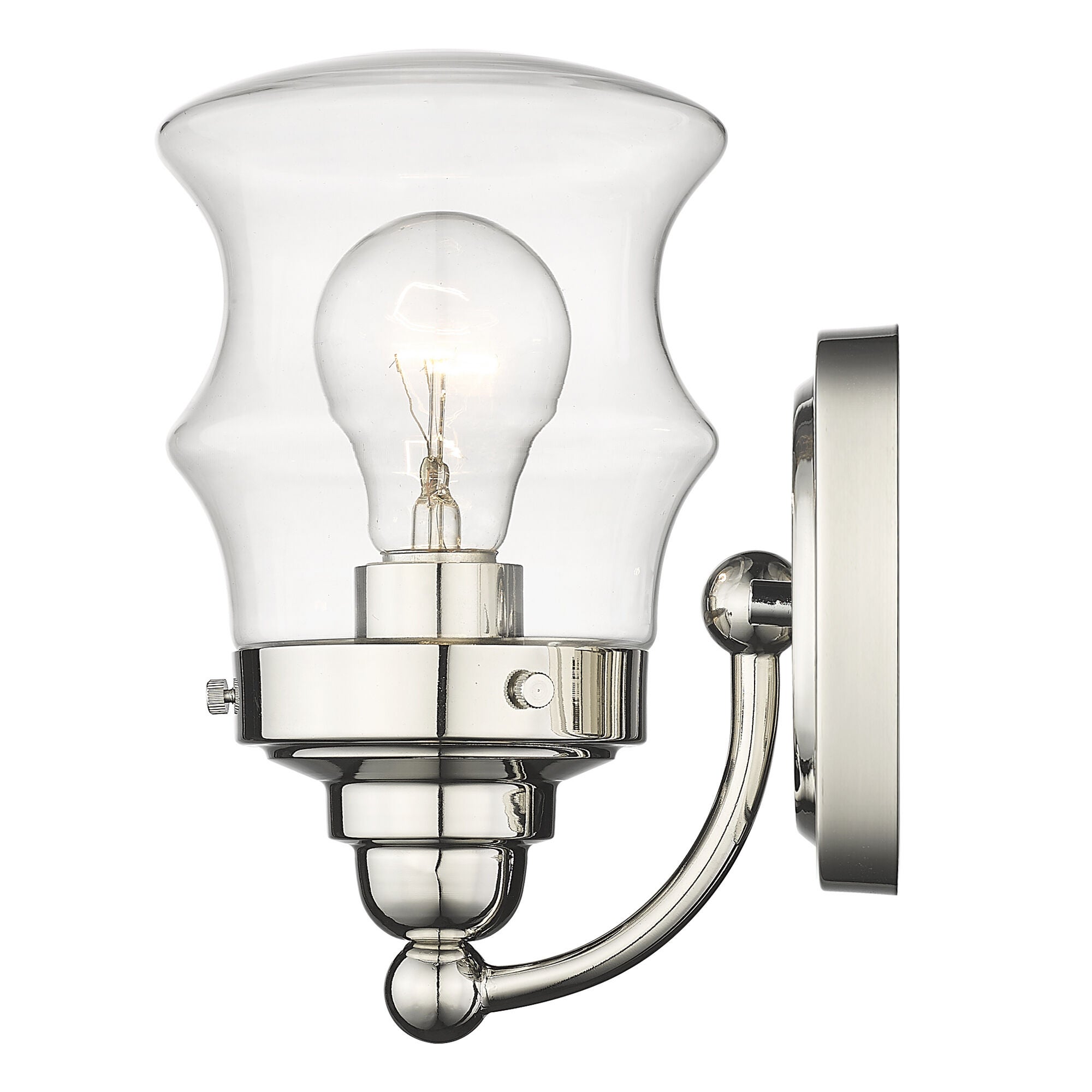 Shown in Polished Nickel finish and Clear Glass shade