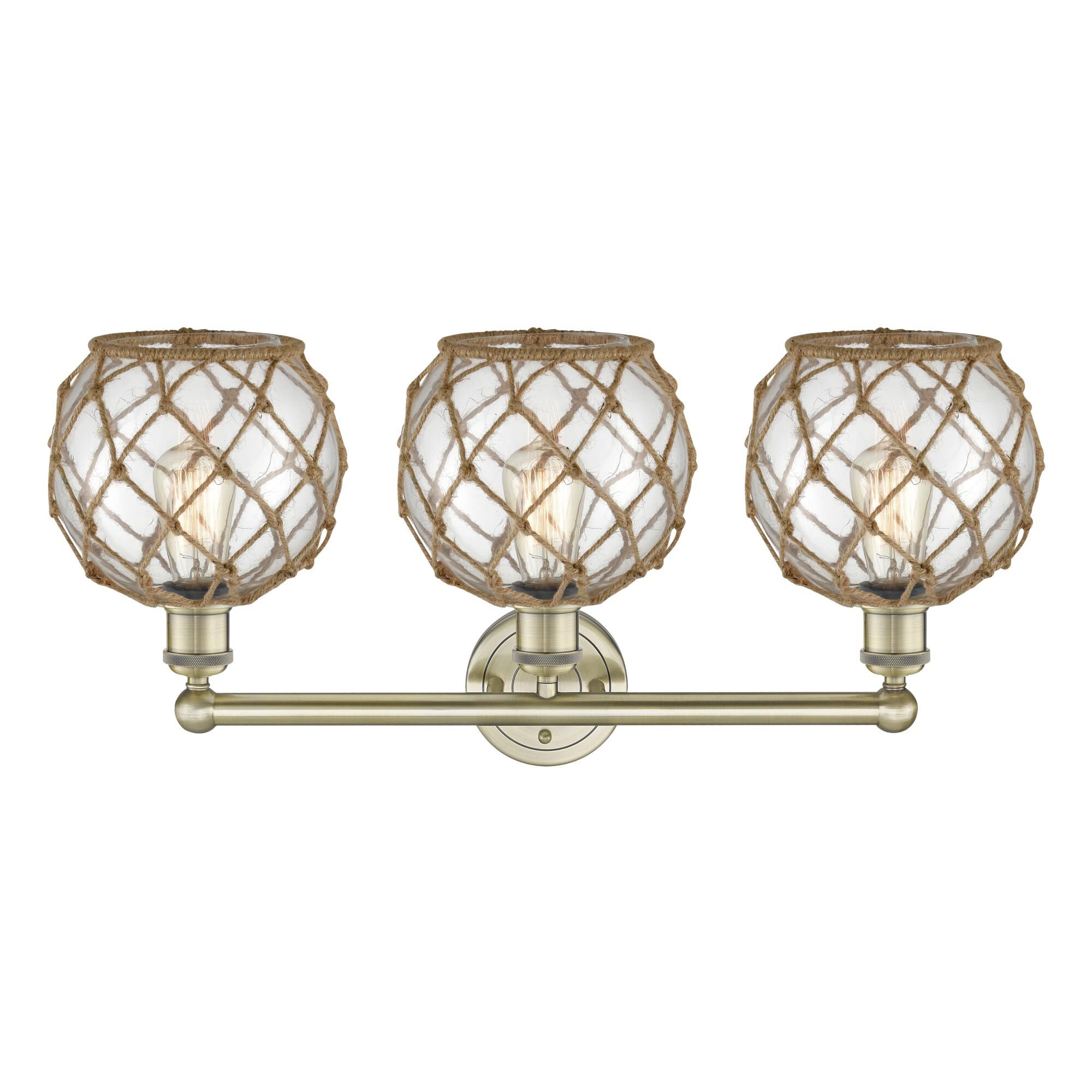 Shown in Antique Brass finish and Clear with Brown Rope glass