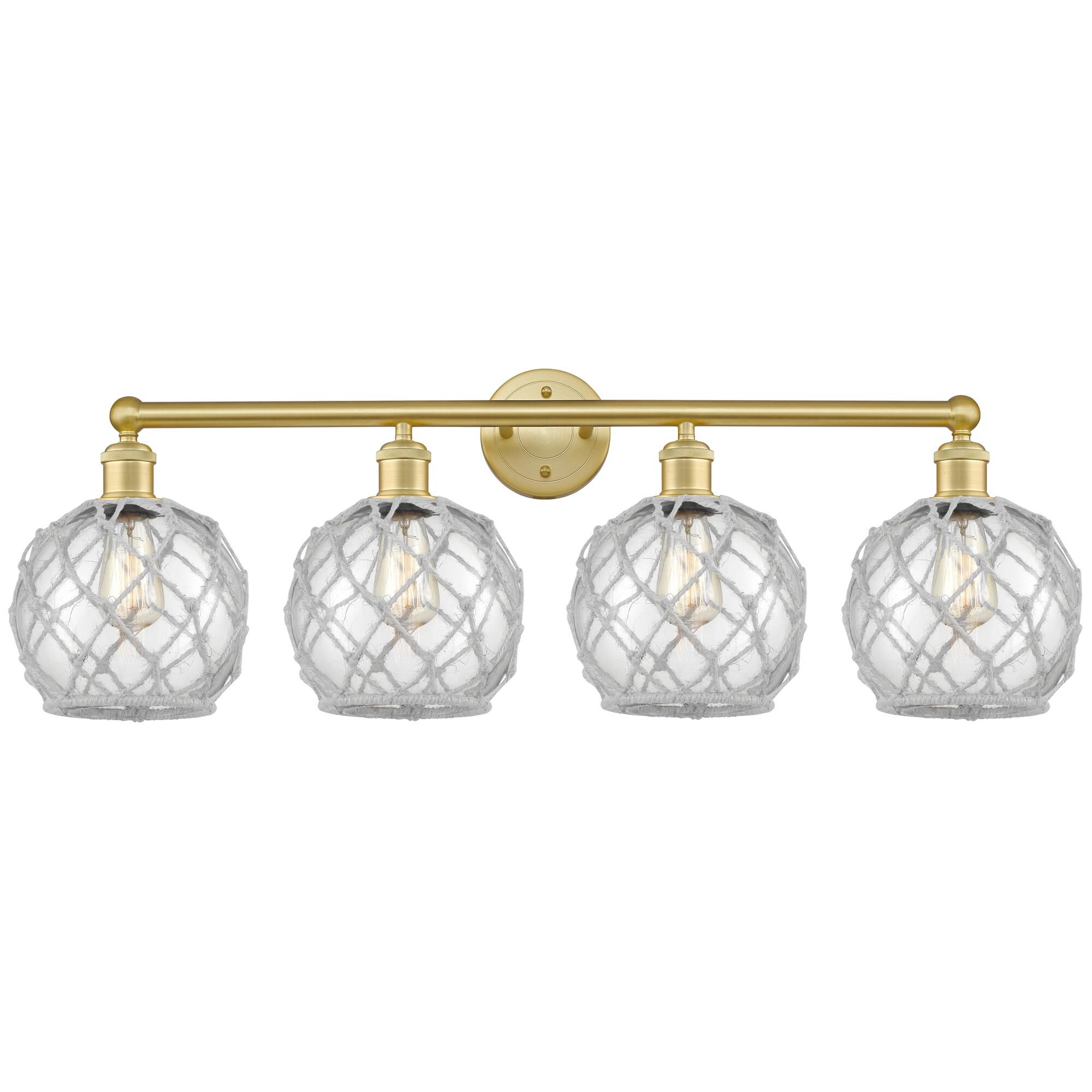 Shown in Satin Gold finish and Clear with White Rope glass