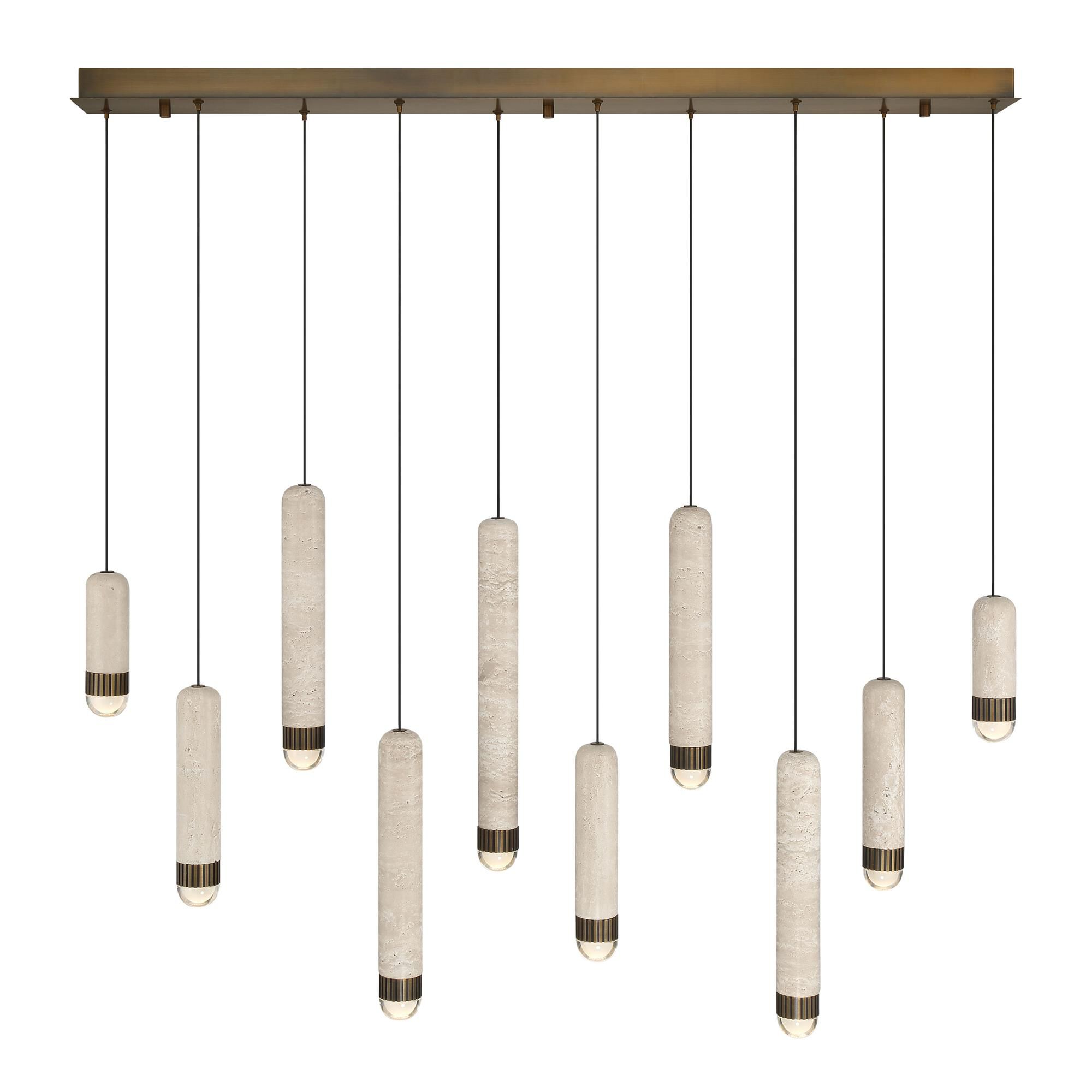 Shown in Antique Brass finish and Travertine shade