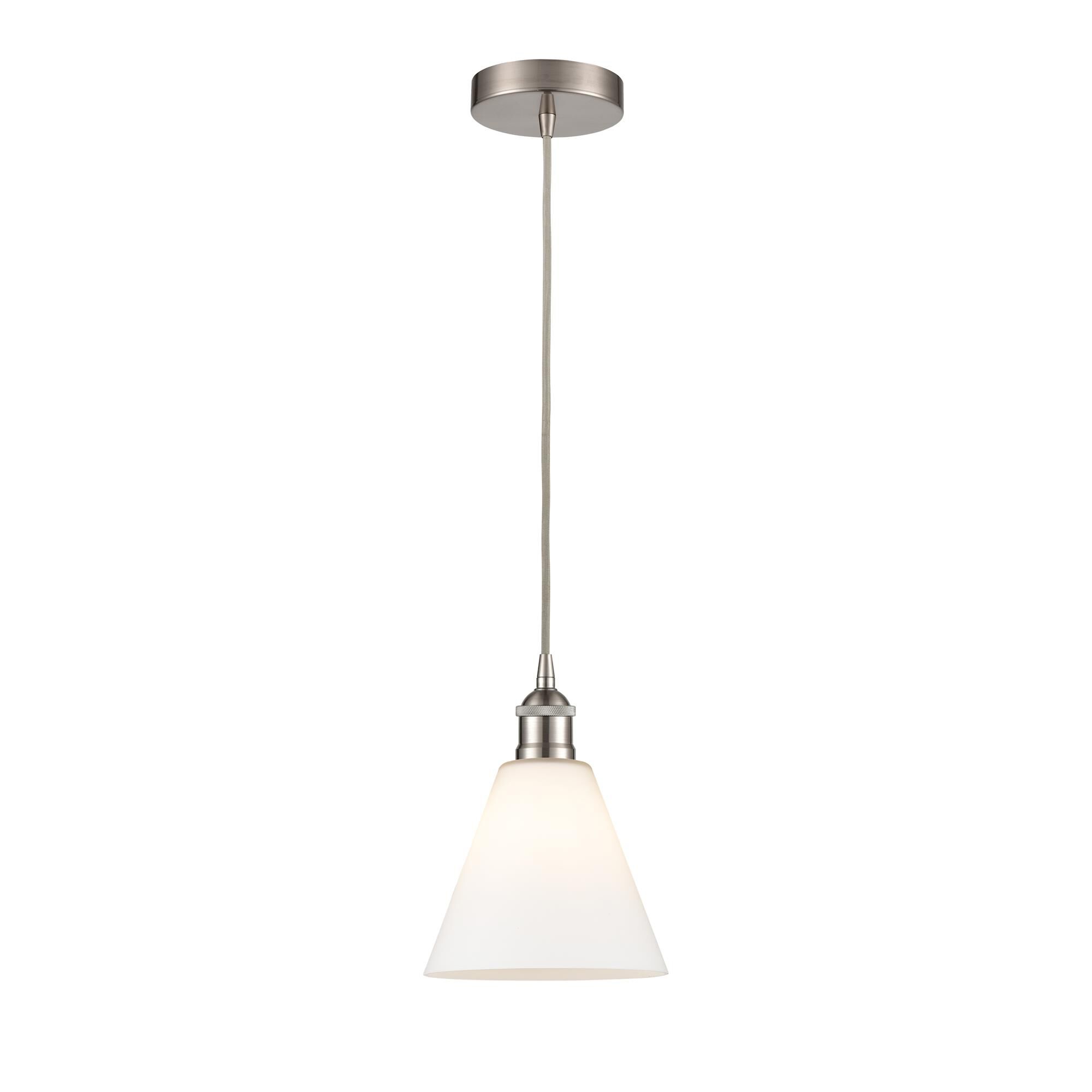 Shown in Brushed Satin Nickel finish and Matte White glass
