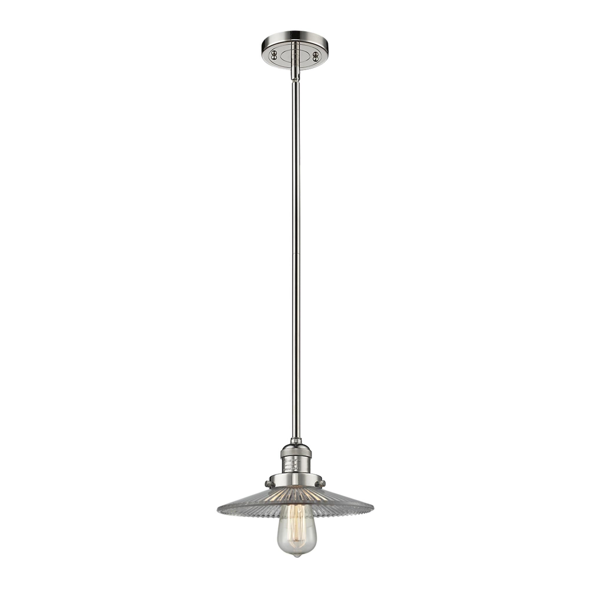 Shown in Polished Nickel finish and Clear Halophane glass