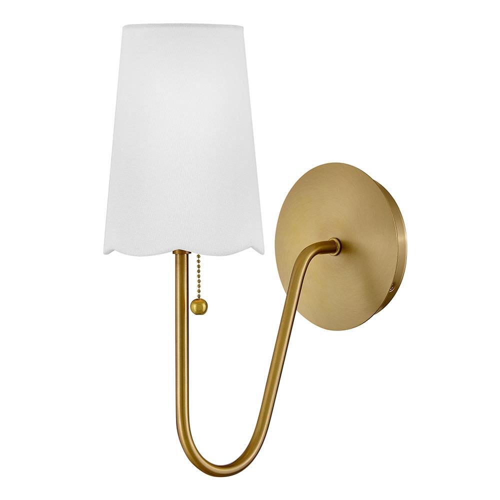 Shown in Lacquered Brass finish and Off-White Linen shade