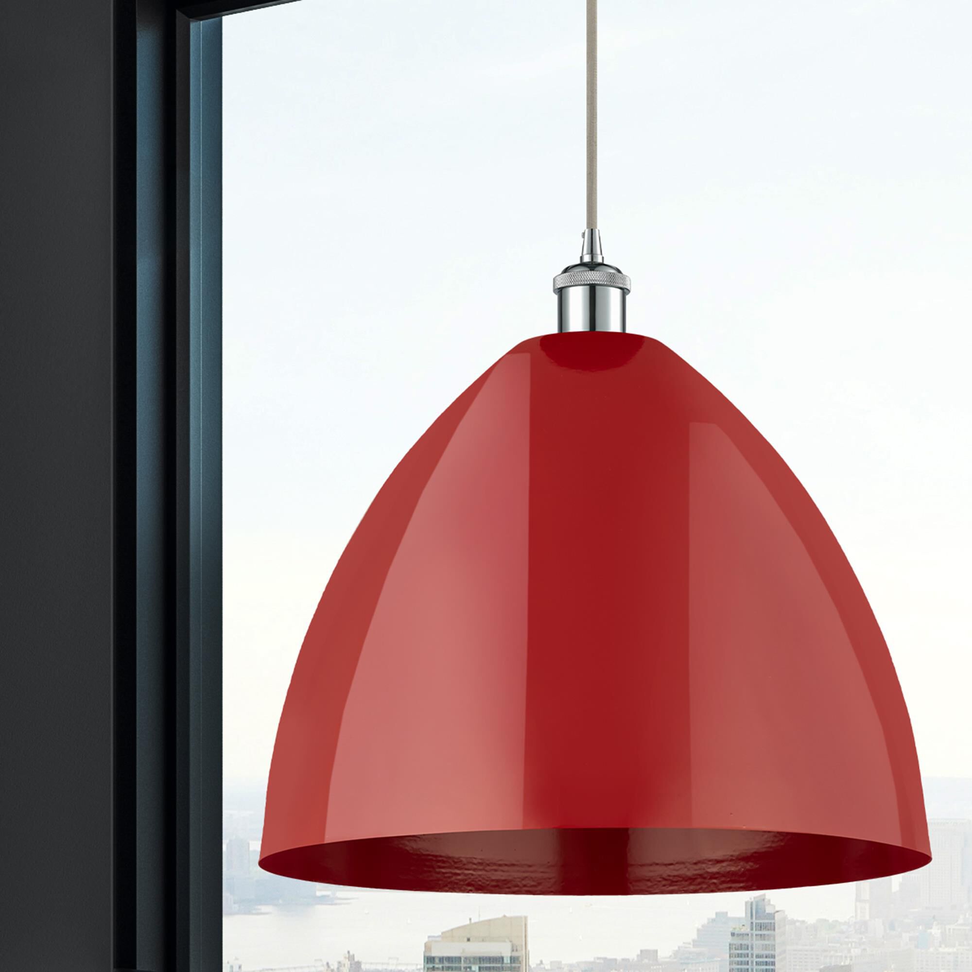 Shown in Polished Chrome finish and Red Plymouth Dome shade
