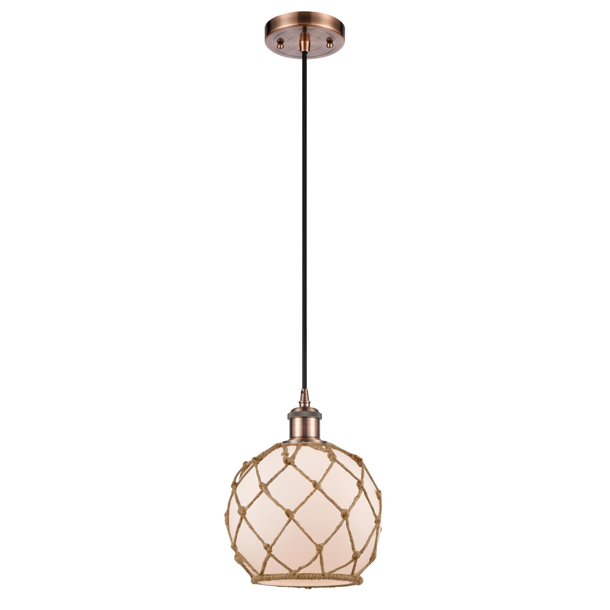 Shown in Antique Copper finish and White Farmhousewith Brown Rope glass