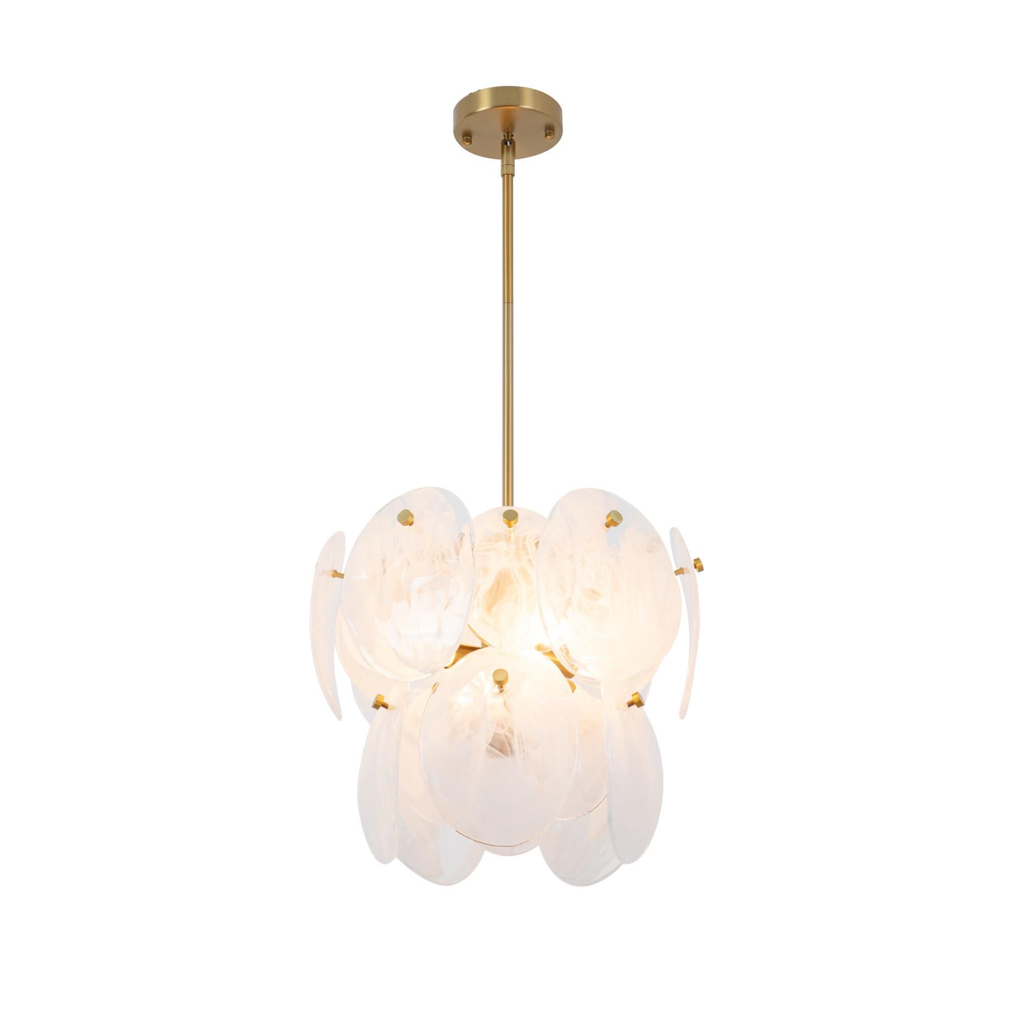 Shown in Brushed Brass finish and Wispy White Murano Style glass