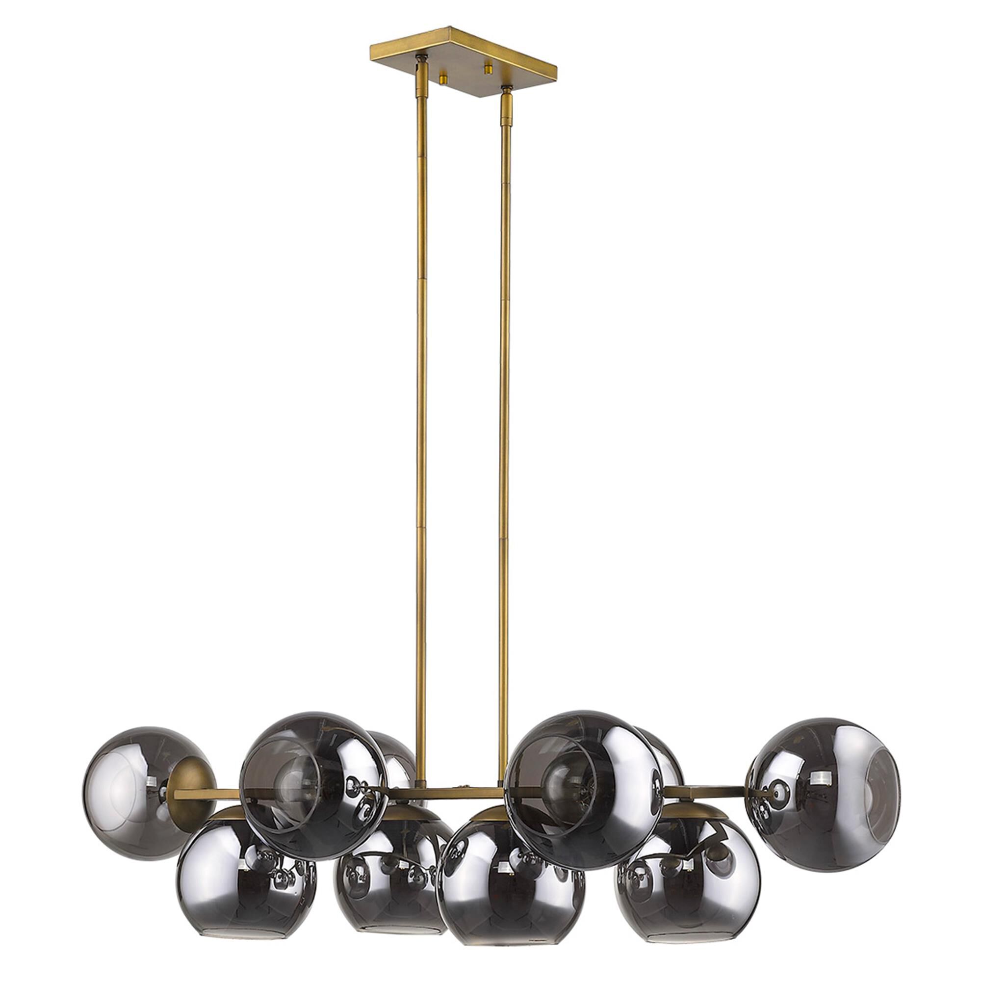 Shown in Aged Brass finish and Smoke glass and Smoke Glass Globes shade