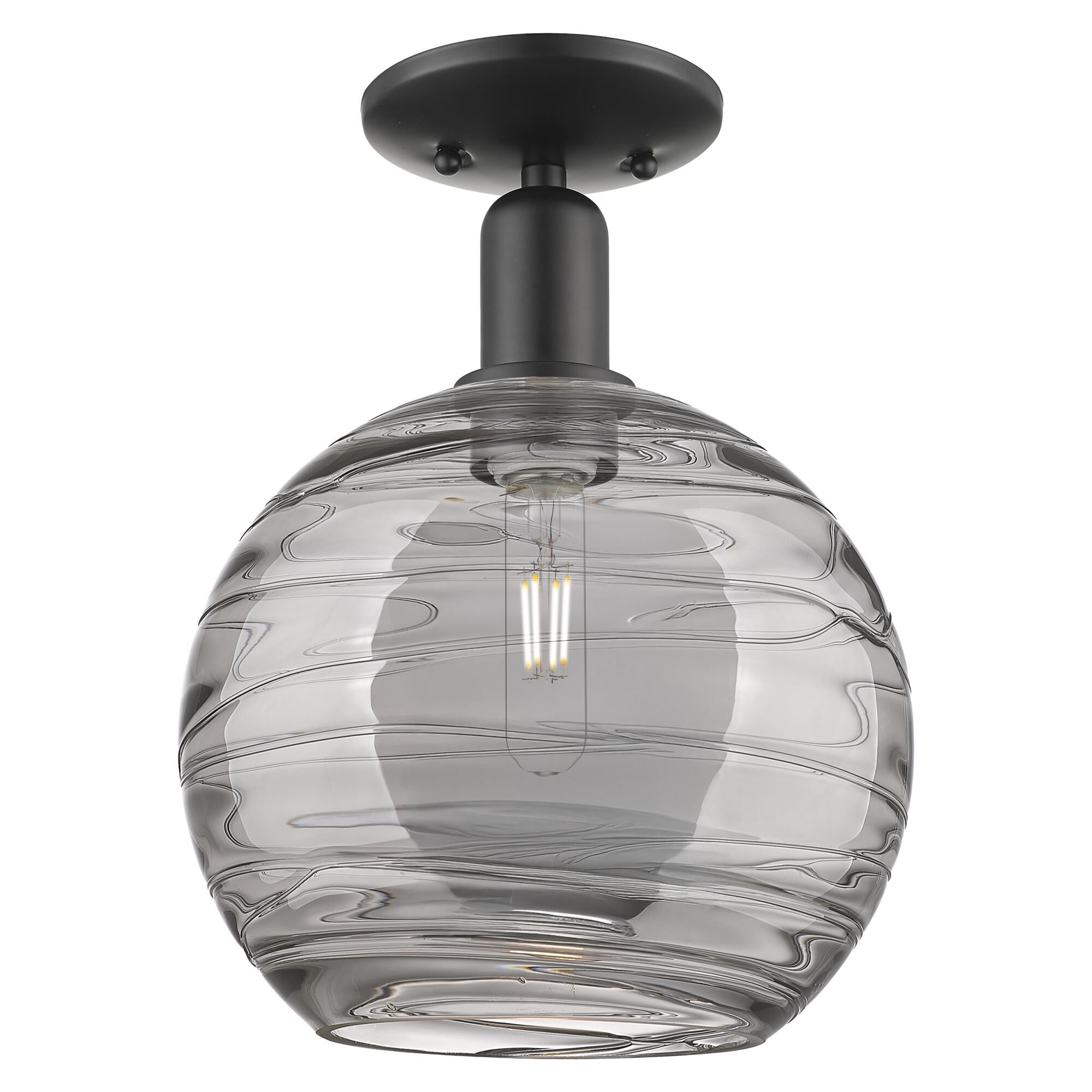 Shown in Matte Black finish and Light Smoke Deco Swirl glass