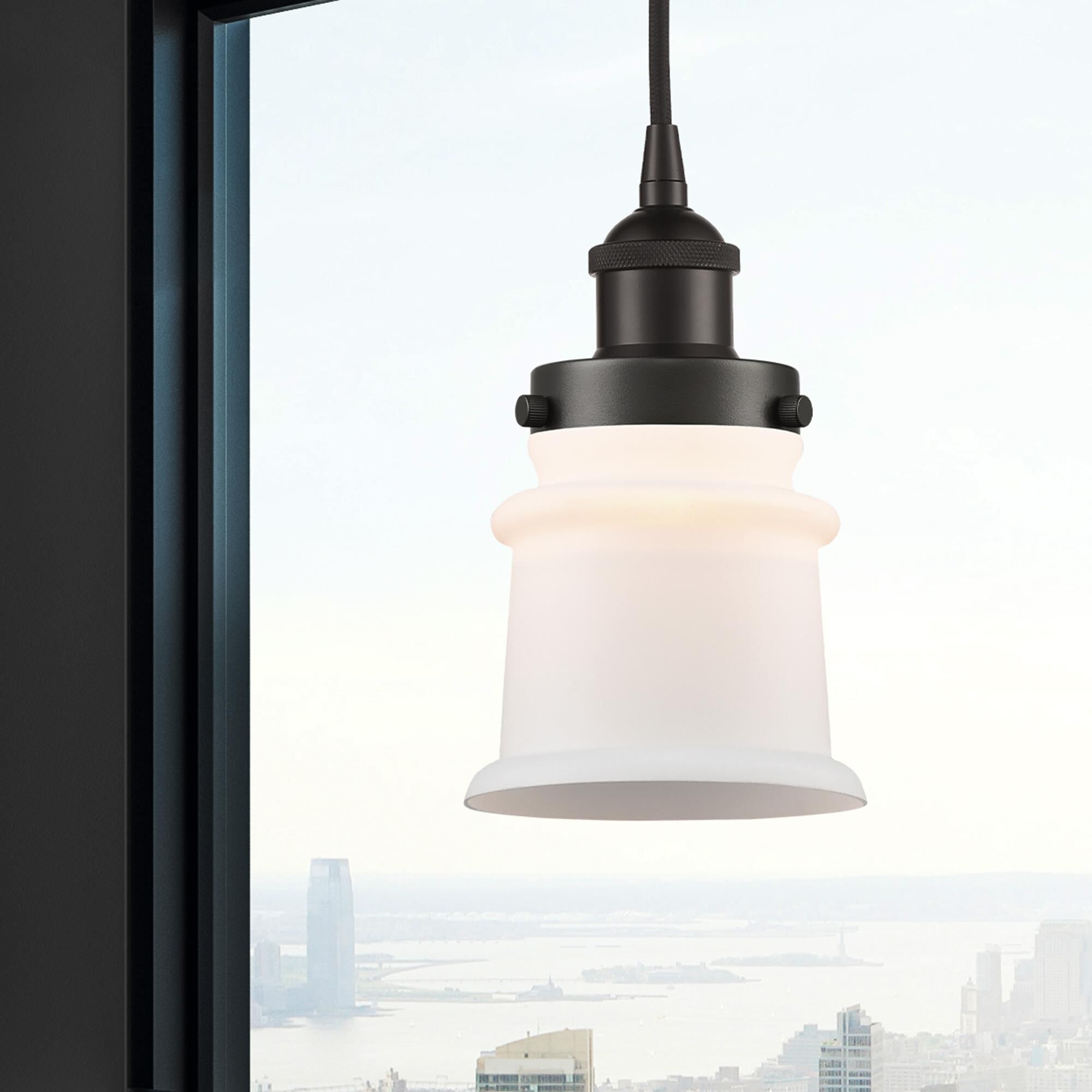 Shown in Oil Rubbed Bronze finish and Matte White glass