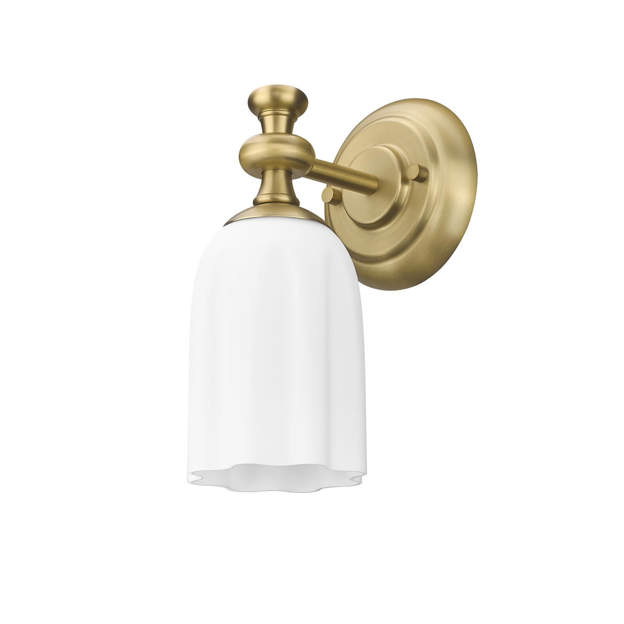 Shown in Modern Gold finish and Opal Etched glass and Opal Etched shade