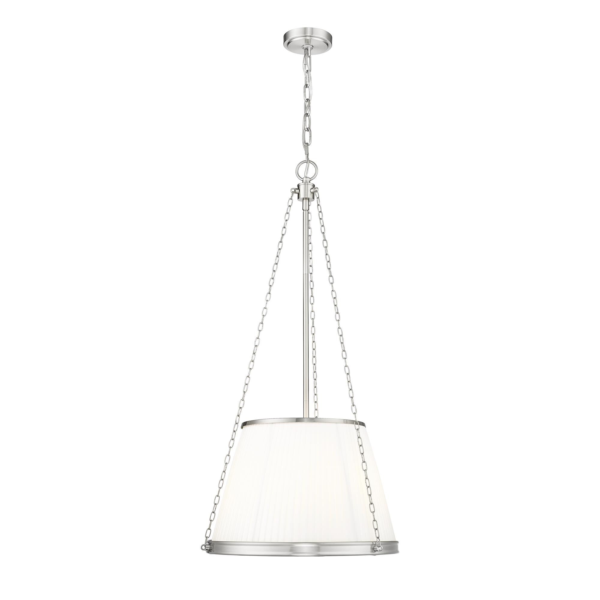 Shown in Brushed Nickel finish and White glass and White shade