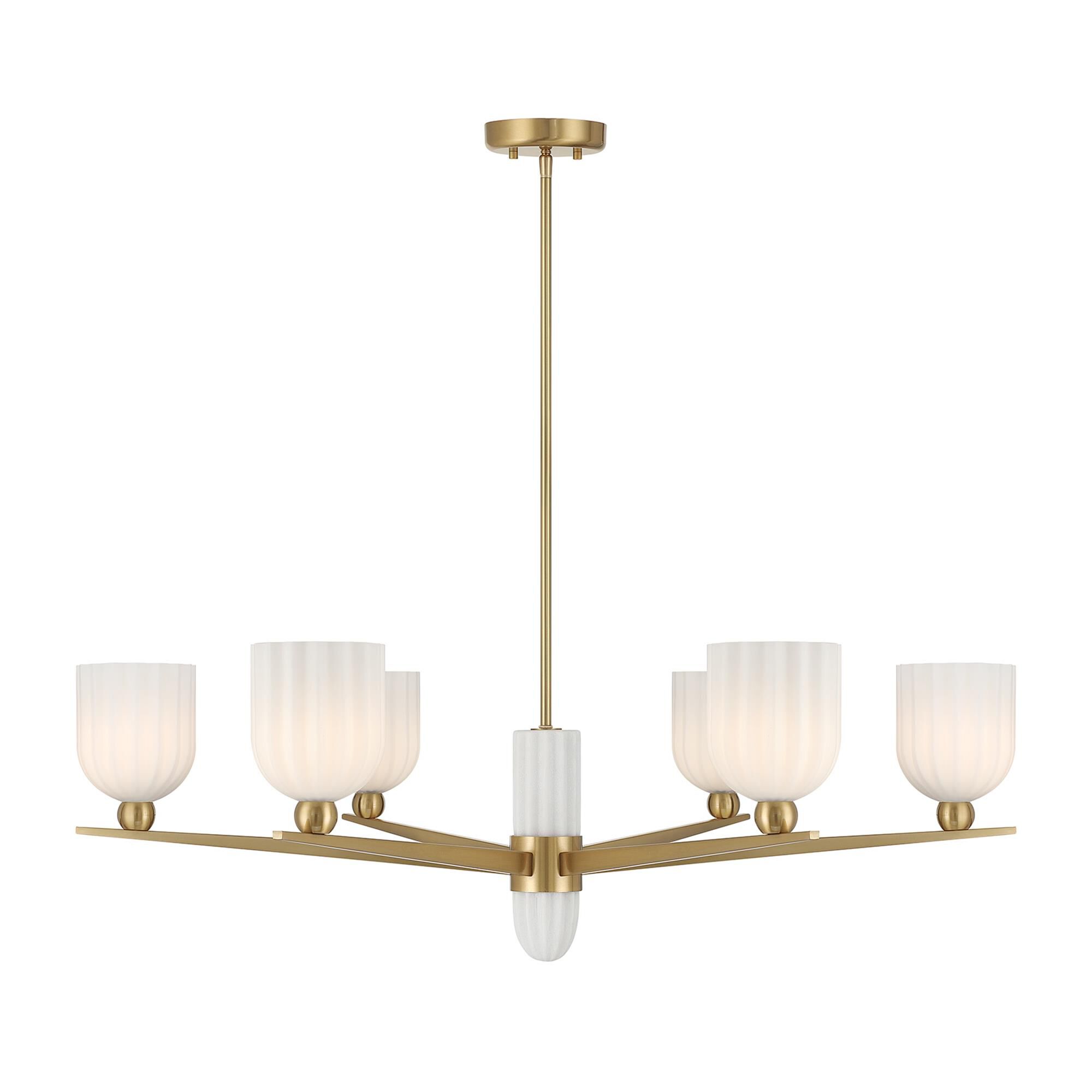 Shown in Warm Brass finish and White Opal Ribbed glass and White Resin accent