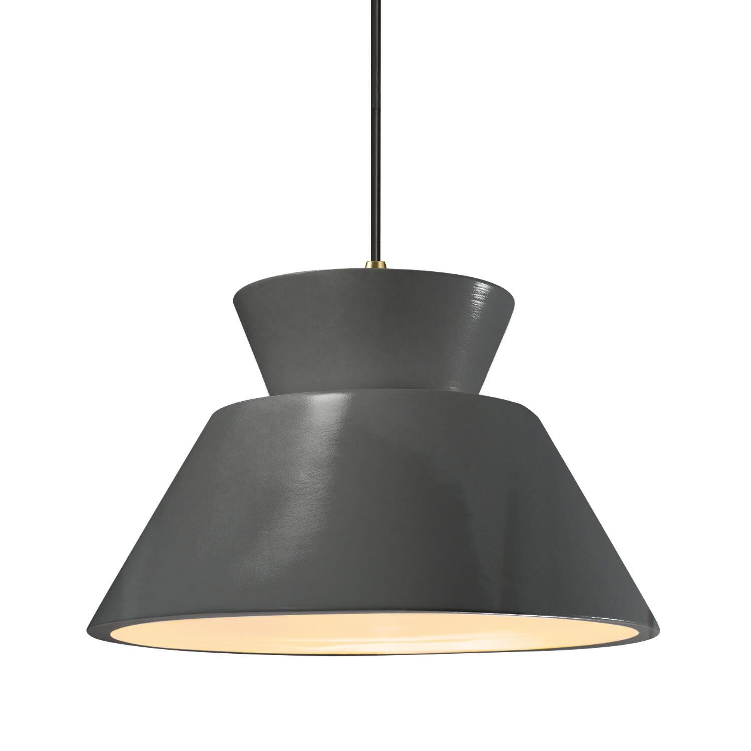 Shown in Antique Brass finish and Gloss Grey shade