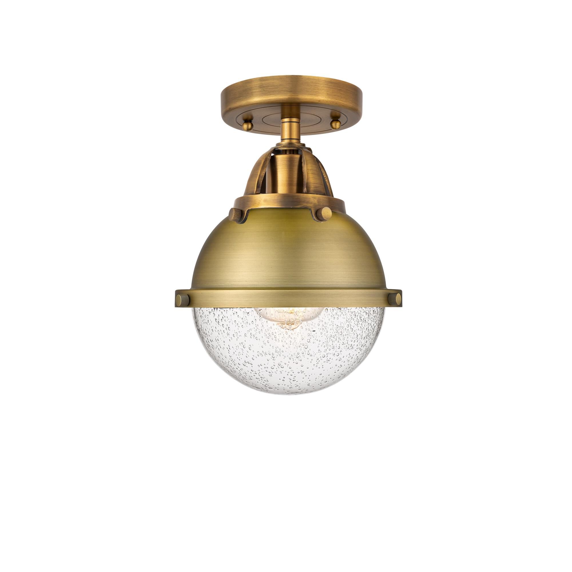 Shown in Brushed Brass finish and Seedy Globe glass and No Shade shade