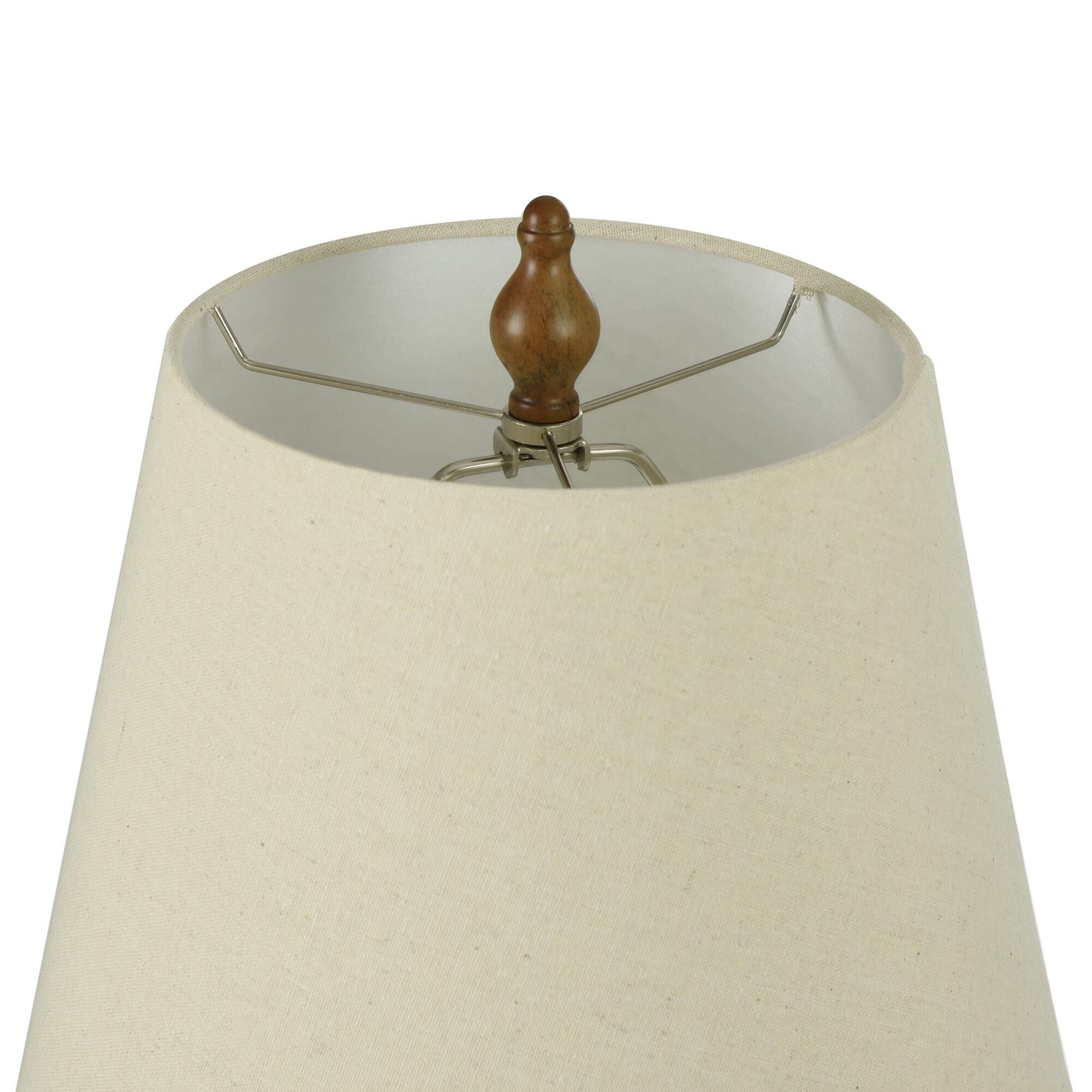Shown in French Oak finish and Heathered Light Beige Hardback Fabric shade