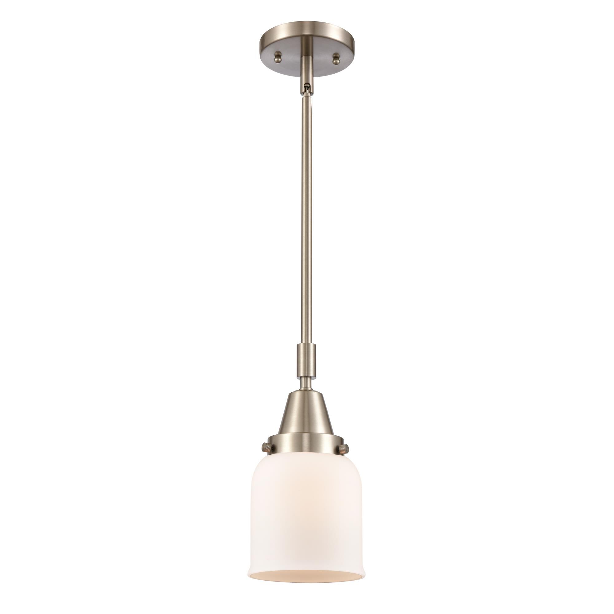 Shown in Brushed Satin Nickel finish and Matte White Cased Small Bell glass