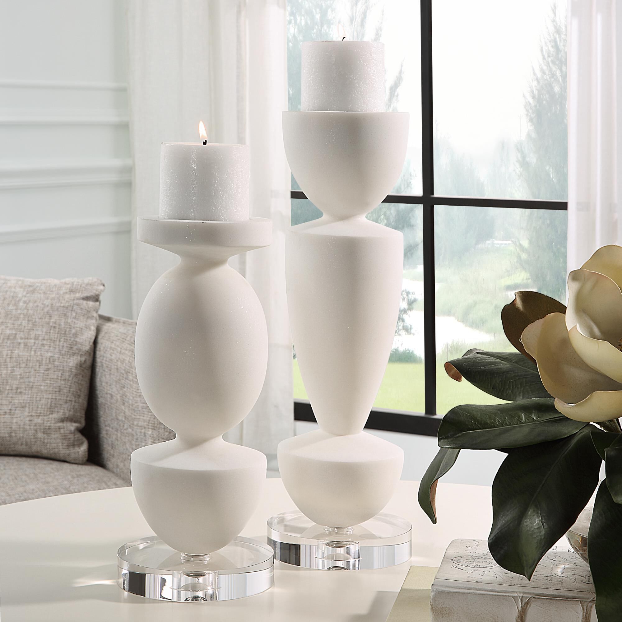 Shown in Sculptural Candle Holders Crafted From Ivory Man-Made Stone That Accurately Replicates The Look Of T finish