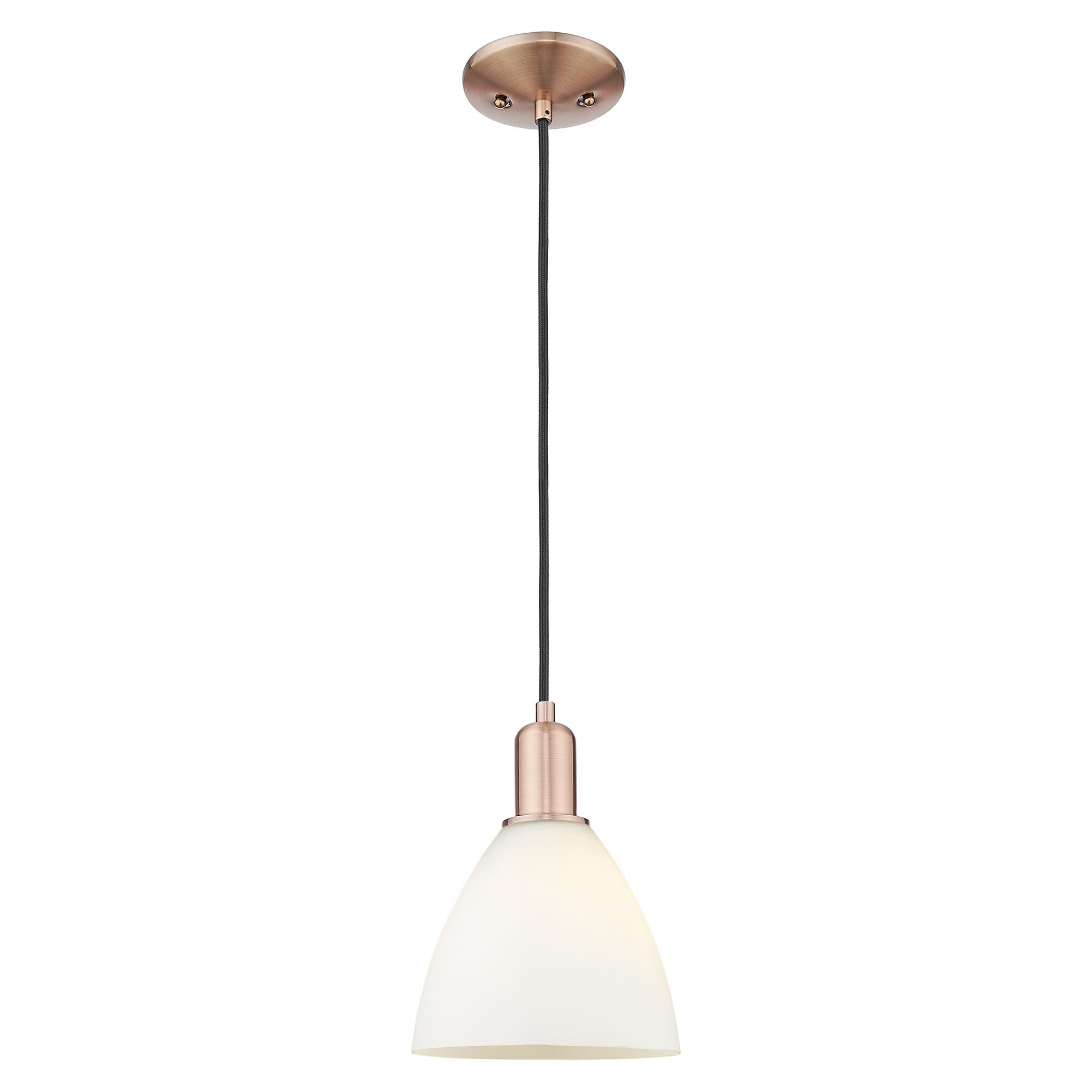 Shown in Antique Copper finish and Matte White glass