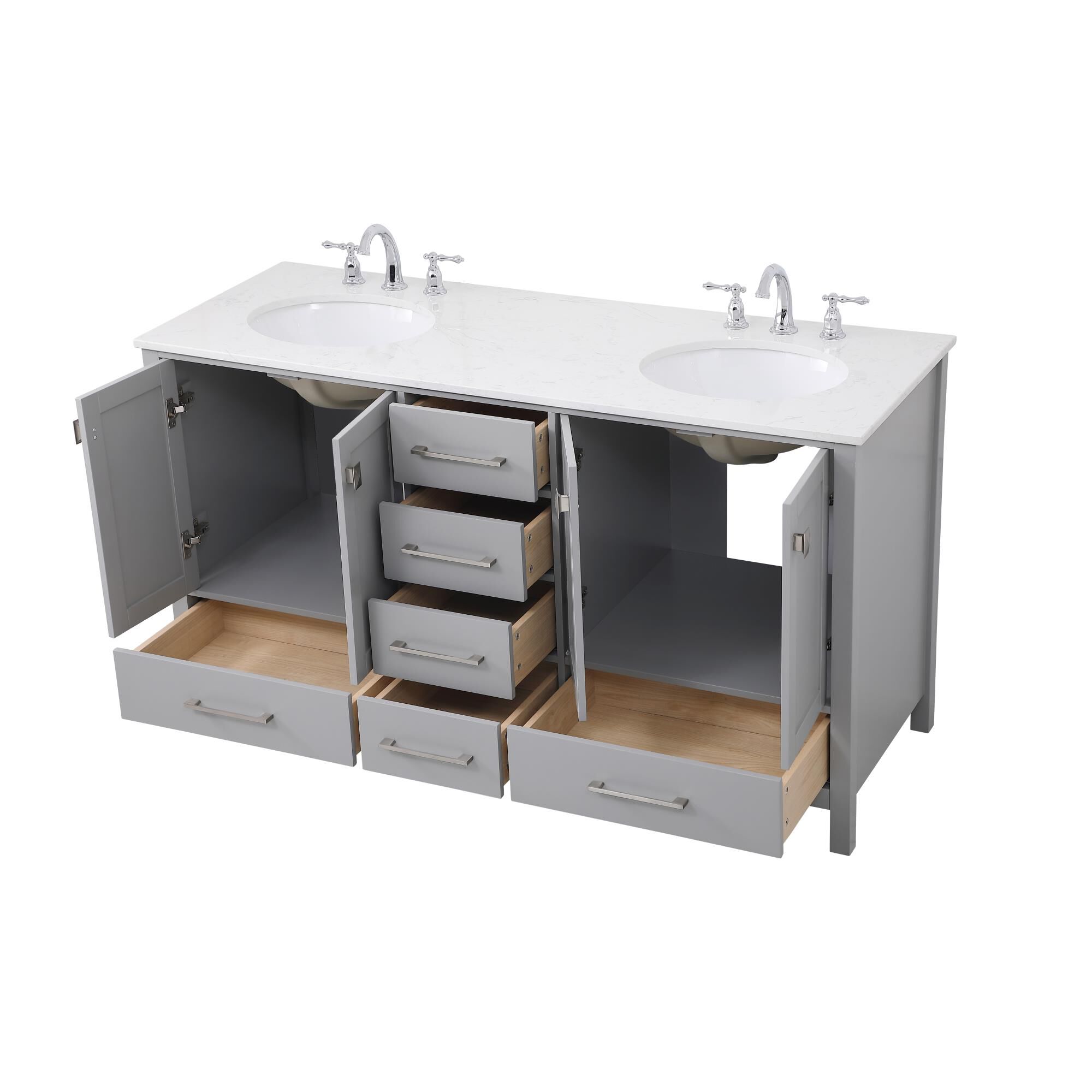 Shown in Gray And Brushed Nickel With Calacatta Quartz finish