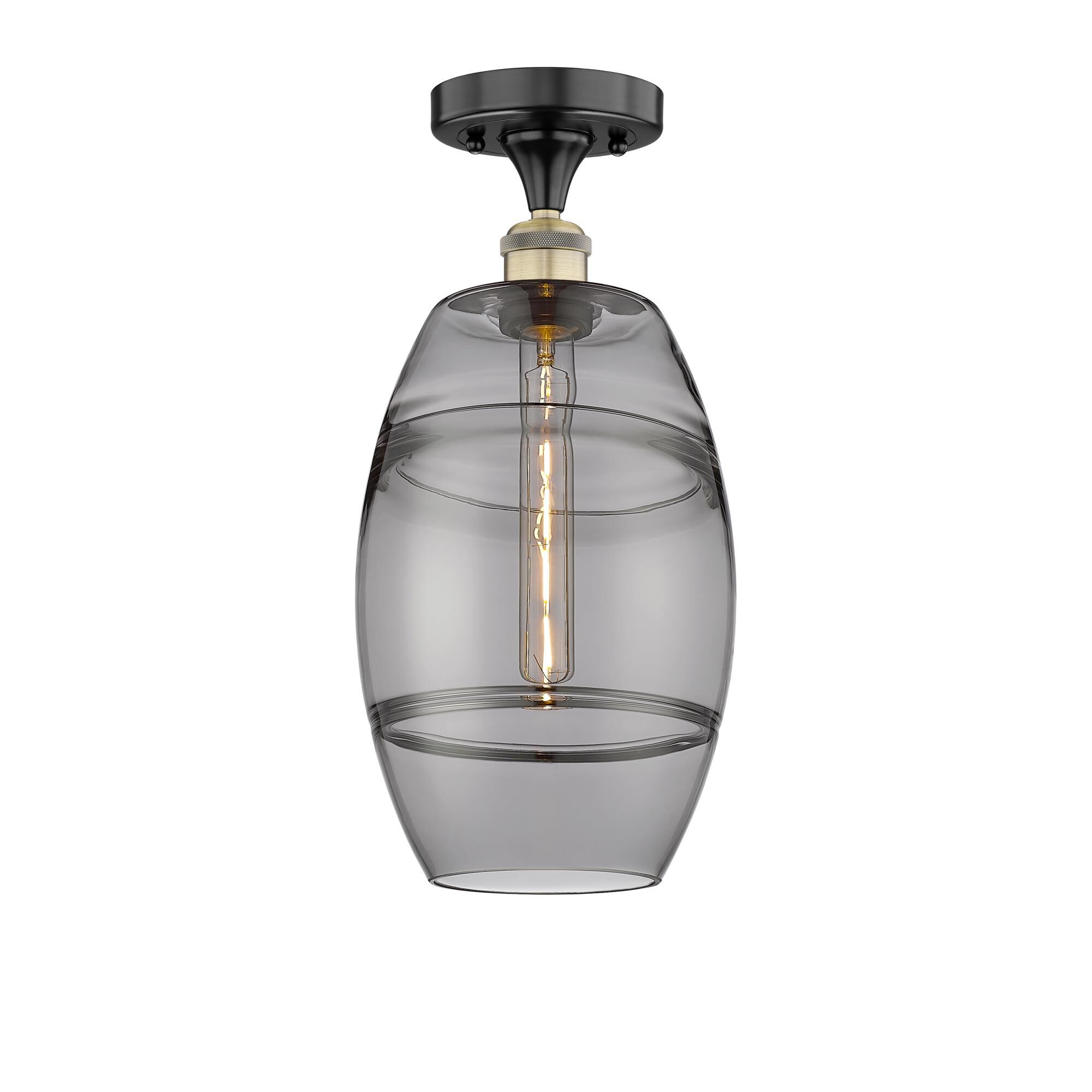 Shown in Black Antique Brass finish and Light Smoke glass