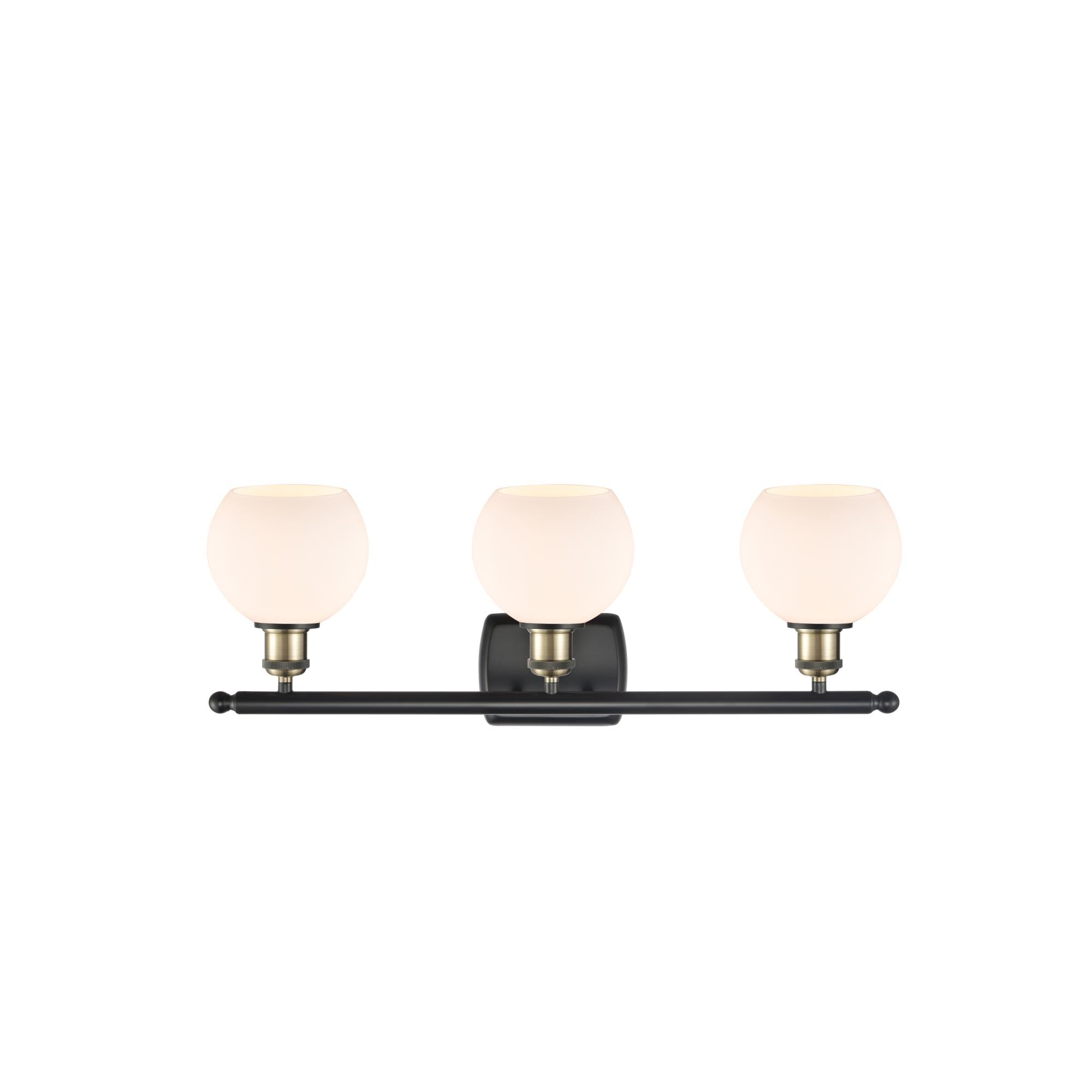 Shown in Black Antique Brass finish and Cased Matte White Athens glass and No Shade shade