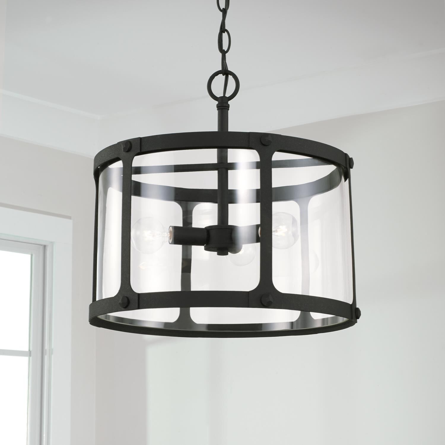 Shown in Black Iron finish and Clear glass