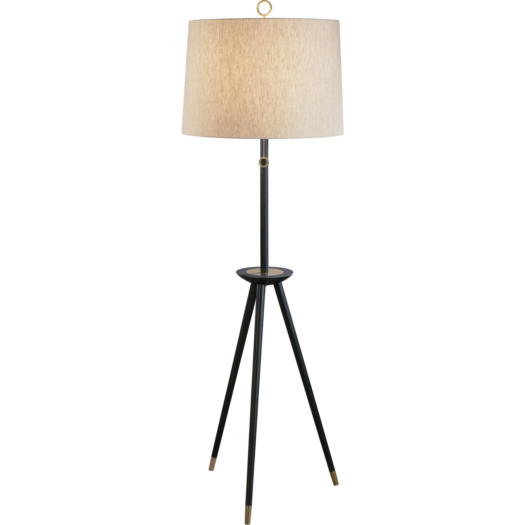 Shown in Ebony ed Wood With Antique Brass ed Accents finish and Natural Linen Fabric With Rolled Edge Hem shade