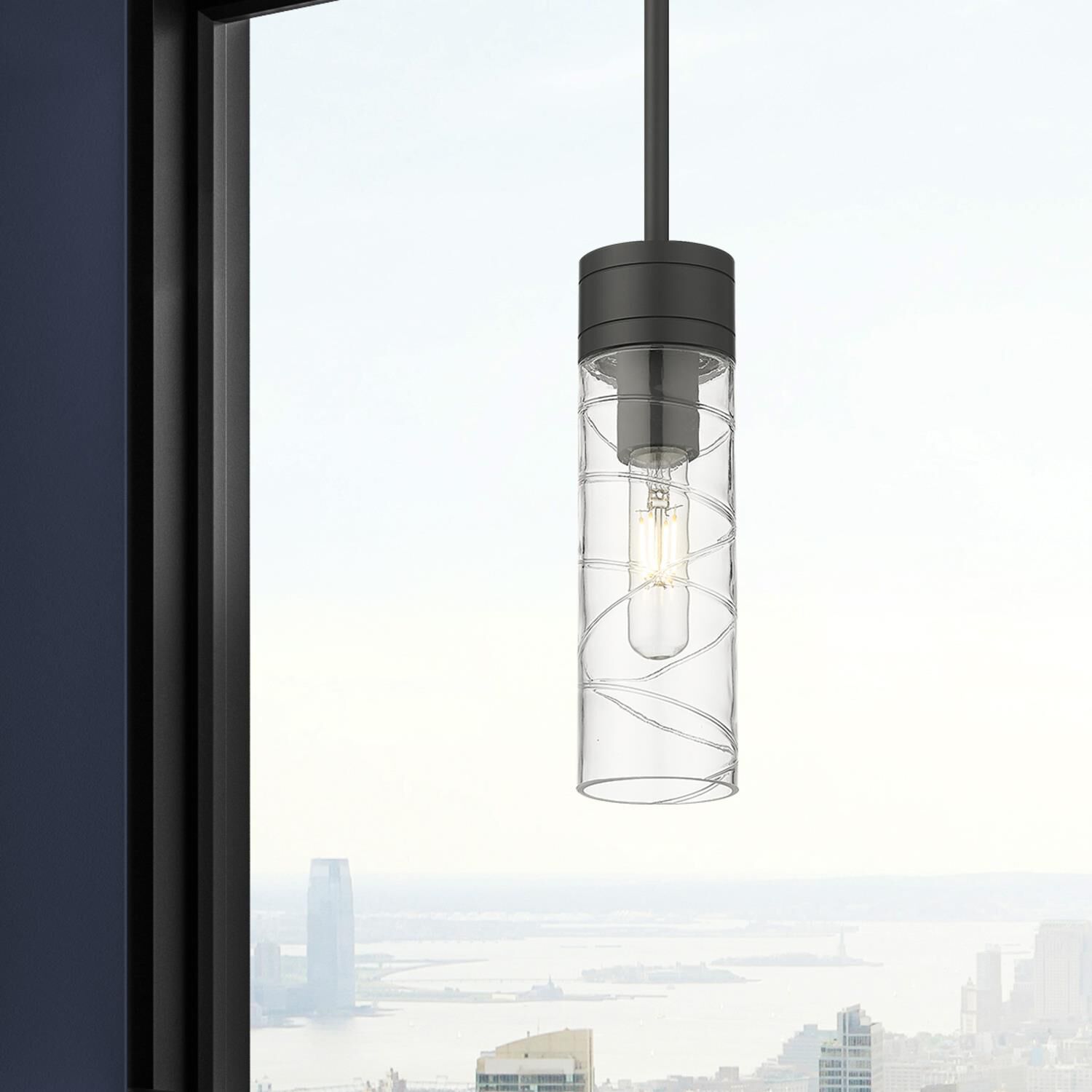 Shown in Matte Black finish and Deco Swirl glass