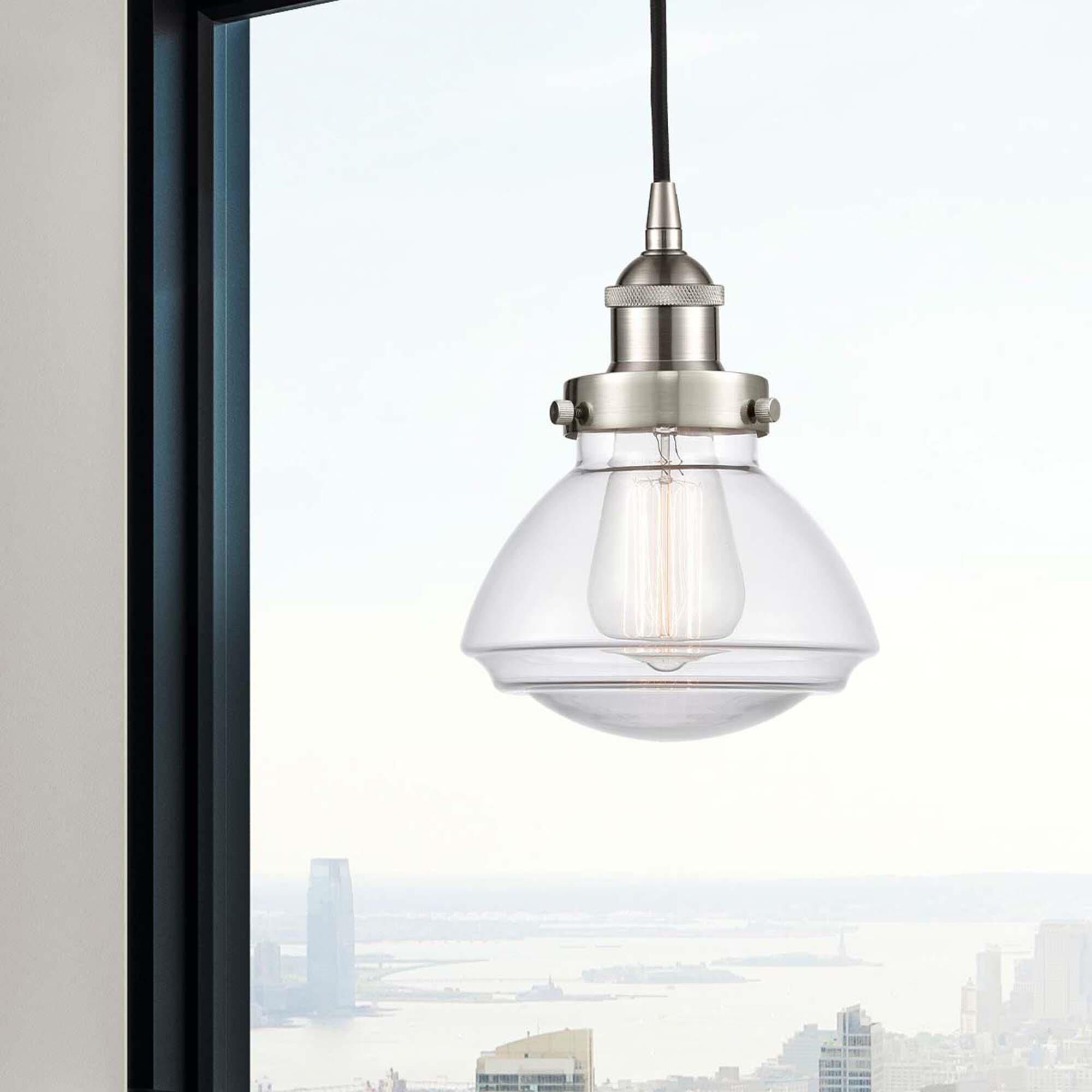 Shown in Brushed Satin Nickel finish and Clear glass