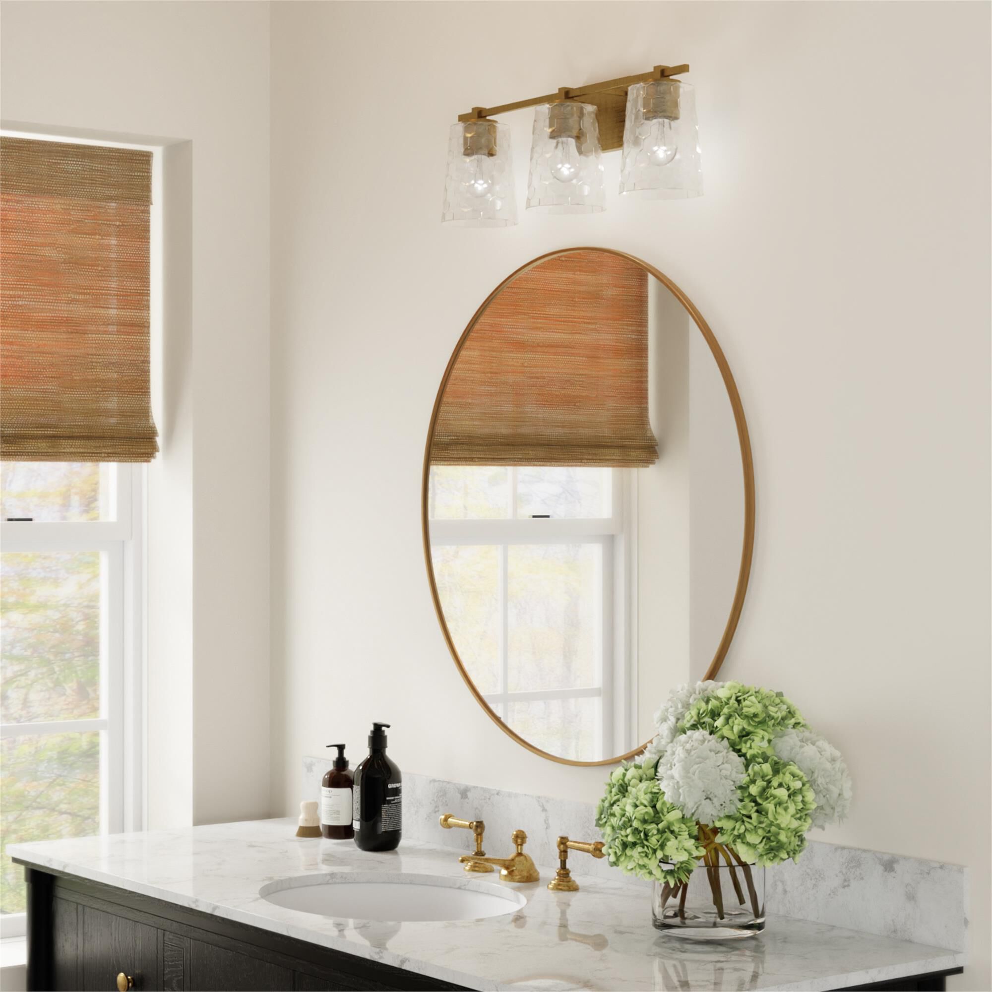 Shown in Aged Brass finish and Clear Honeycomb glass