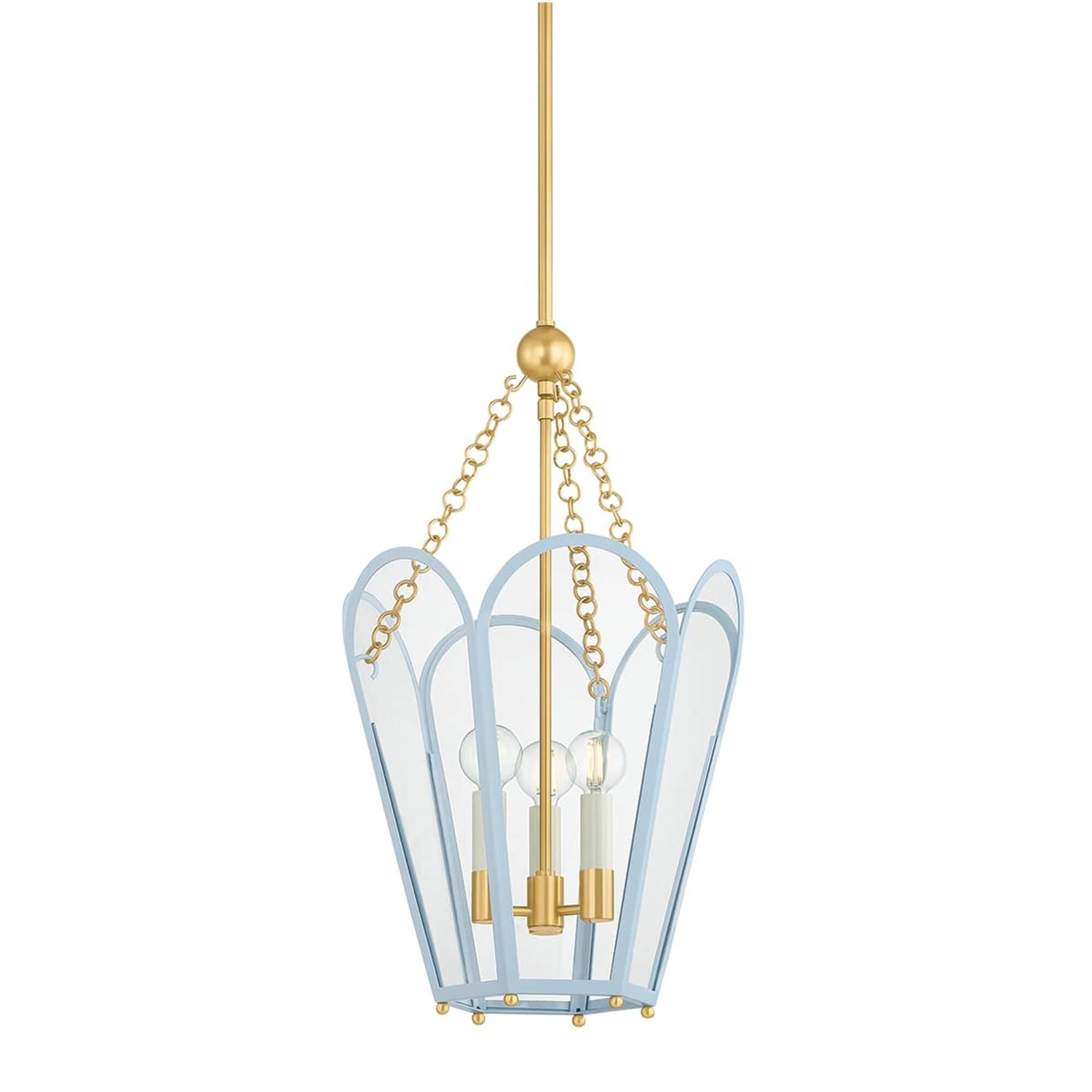 Shown in Aged Brass and Soft Arctic Blue finish and Clear glass