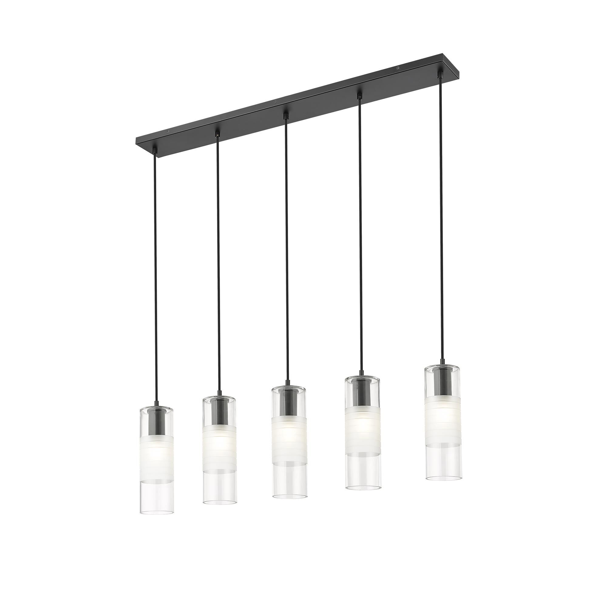 Shown in Matte Black finish and Clear+frosted glass and Clear+frosted shade