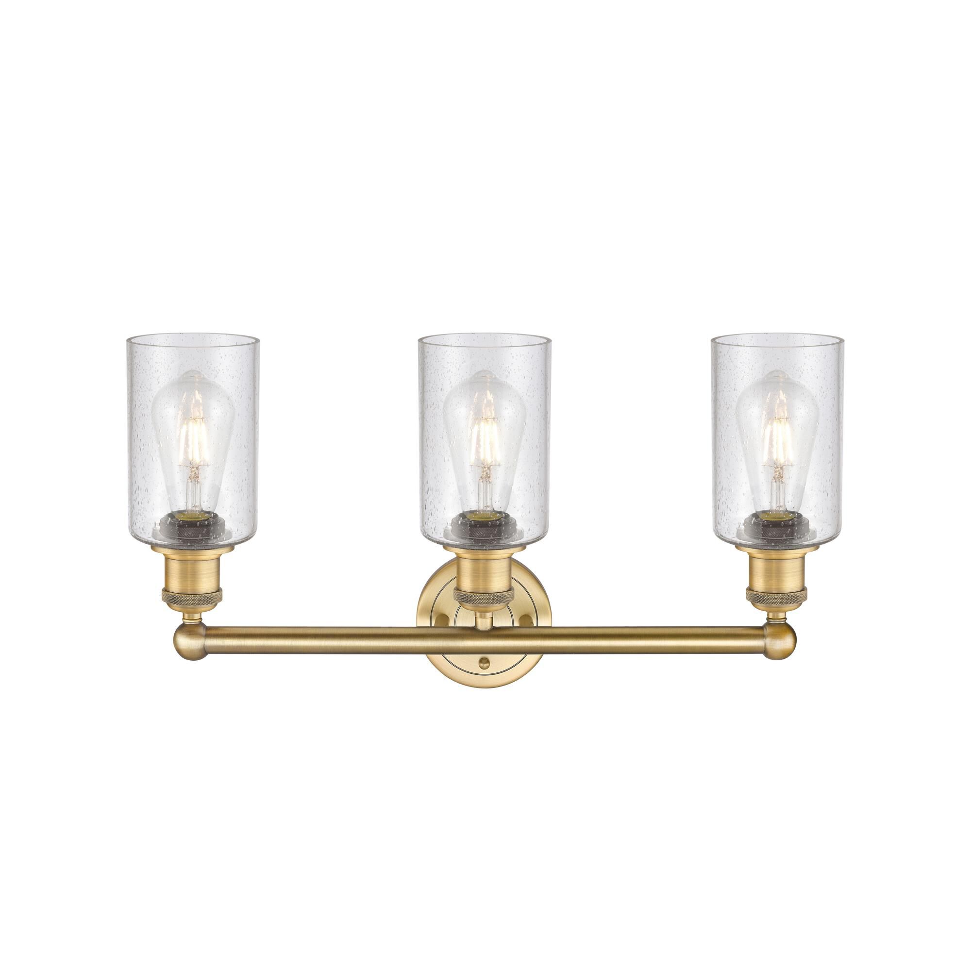 Shown in Brushed Brass finish and Seedy glass