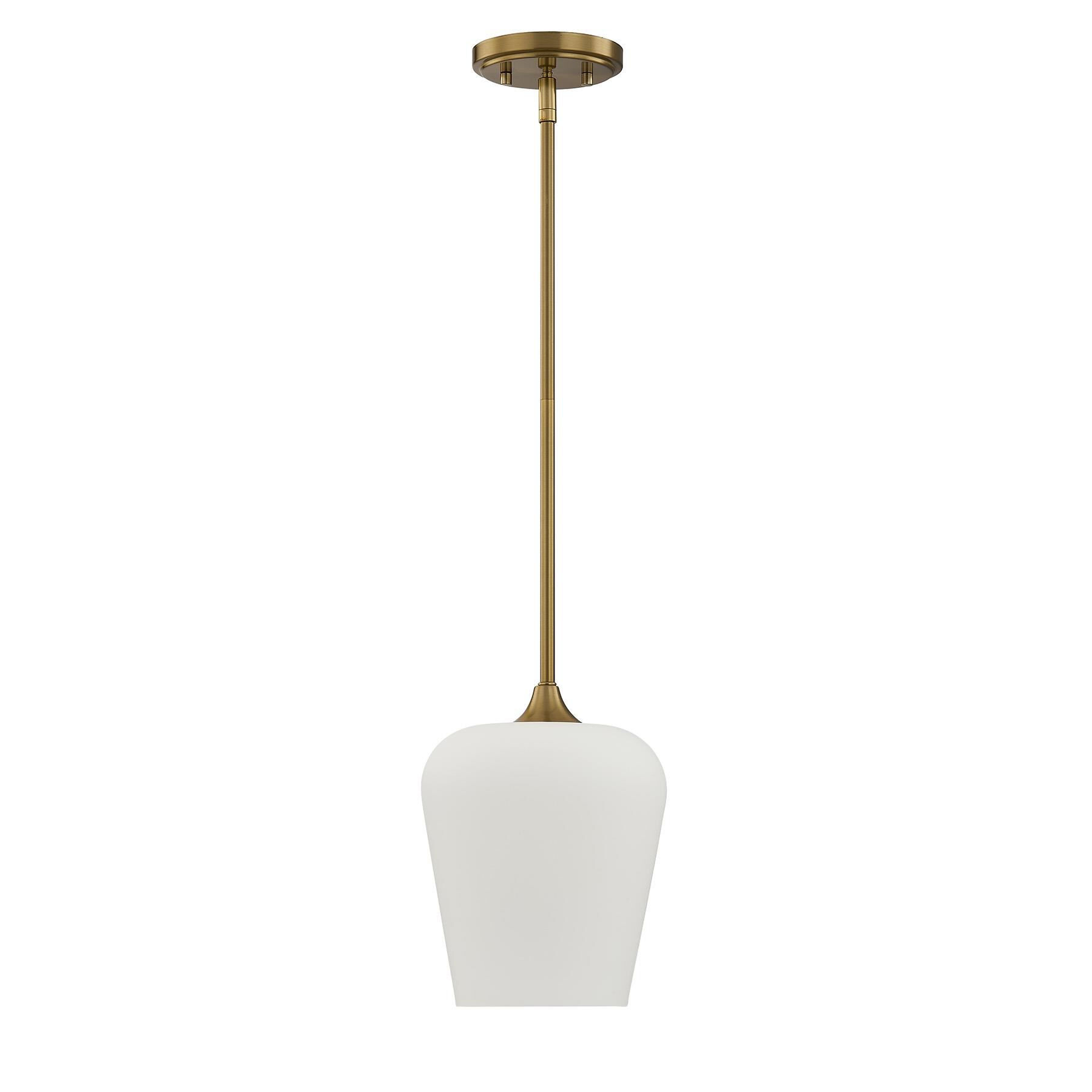 Shown in Warm Brass finish and White Opal glass