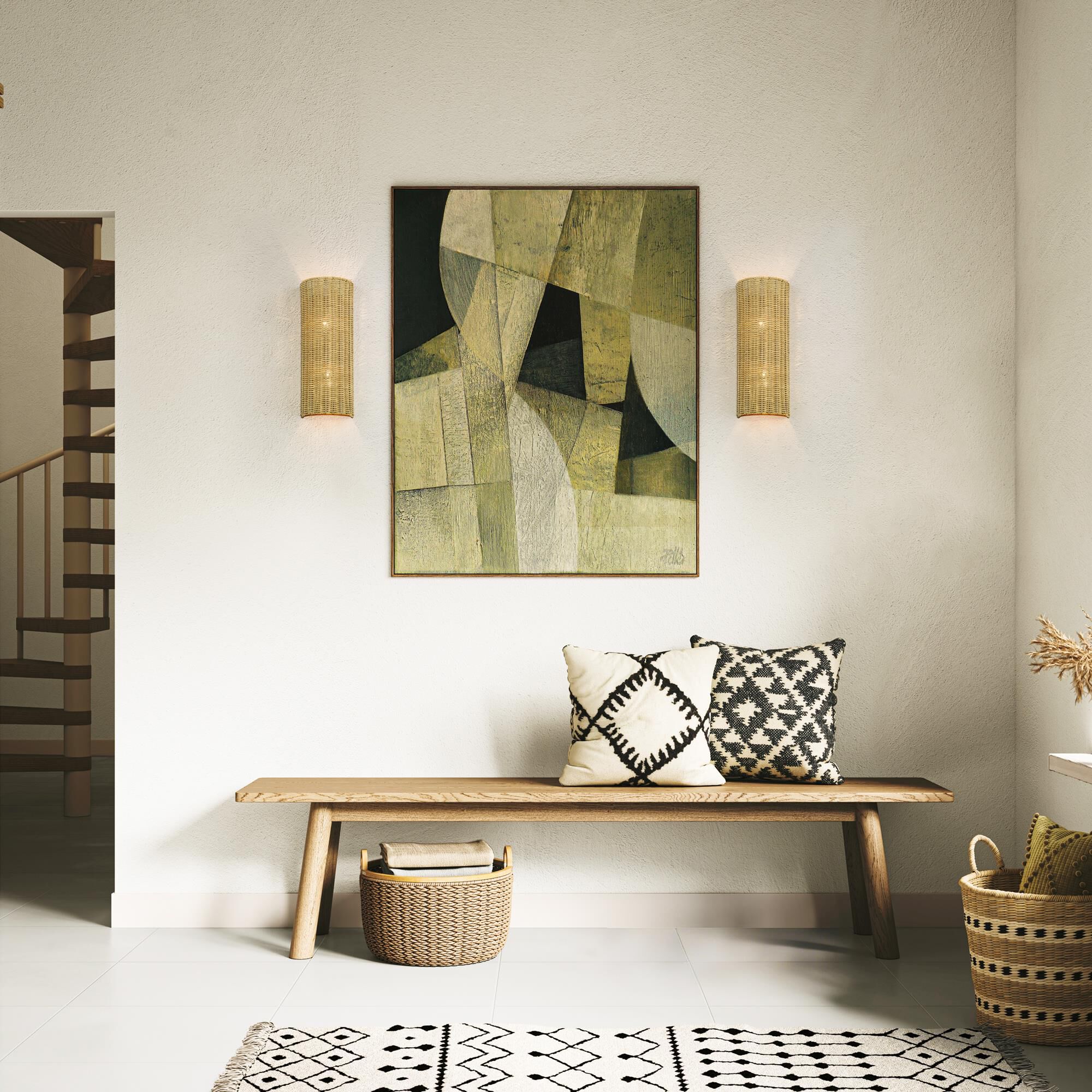 Shown in Antique Gold Leaf finish and Hand-Woven Rustic Walnut Color Rattan shade