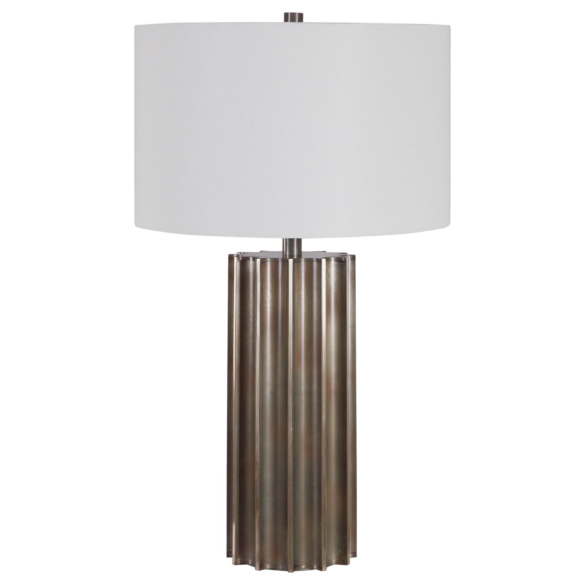 Shown in This Table Lamp Features A Deep Fluted Steel Base Finished In An Aged Gun Metal With Rust Distressin finish and Round Drum Hardback shade