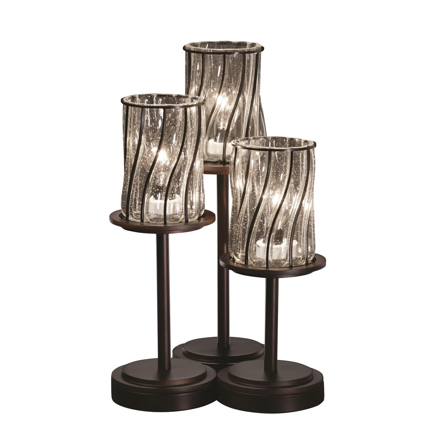 Shown in Dark Bronze finish and Wire Cage With Blown glass and Swirl with Clear Bubbles shade and Cylinder with Flat Rim accent