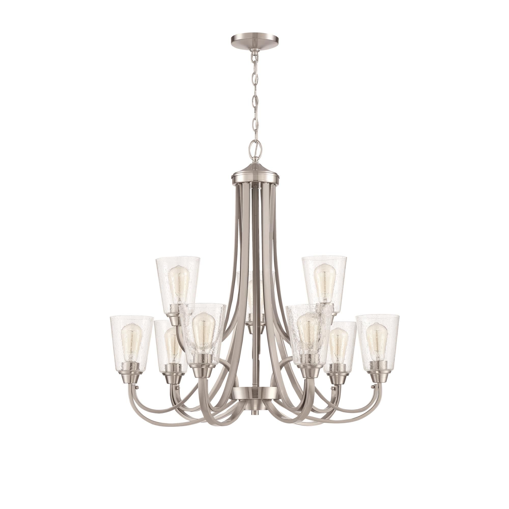 Shown in Brushed Polished Nickel finish and Clear Seeded glass and Glass shade