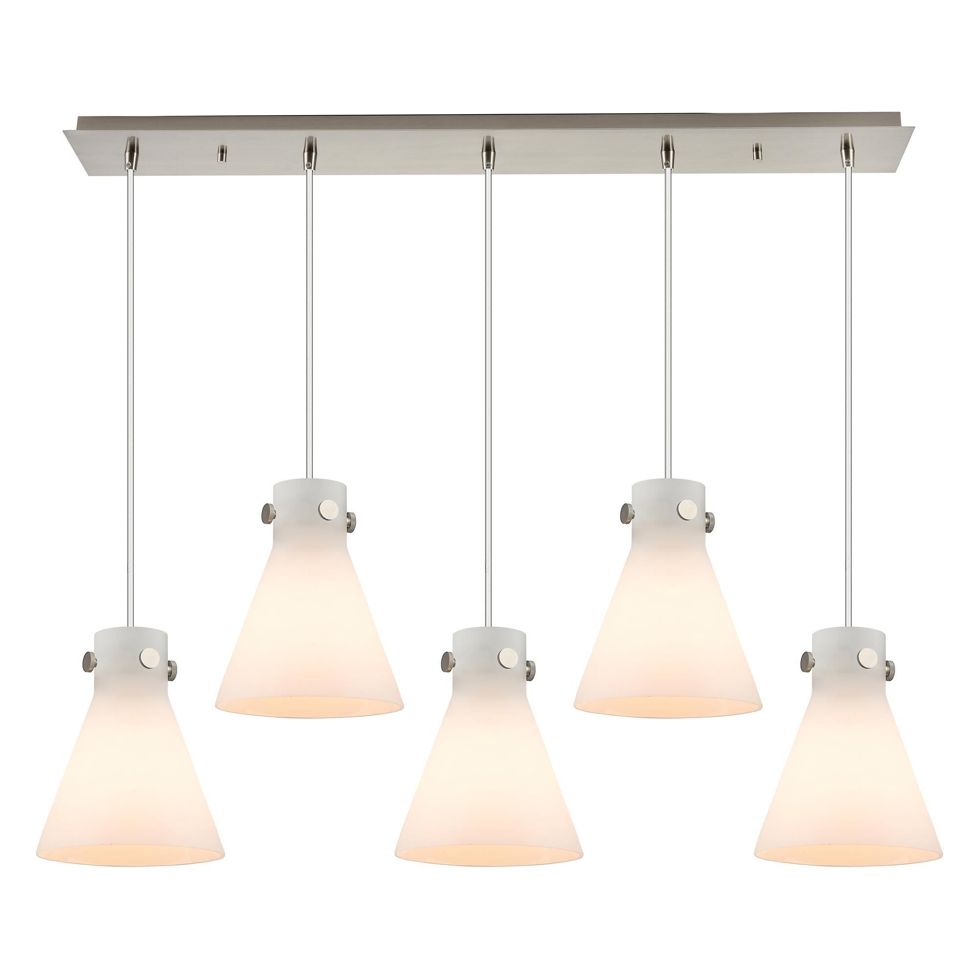 Shown in Brushed Satin Nickel finish and White glass and White Glass shade