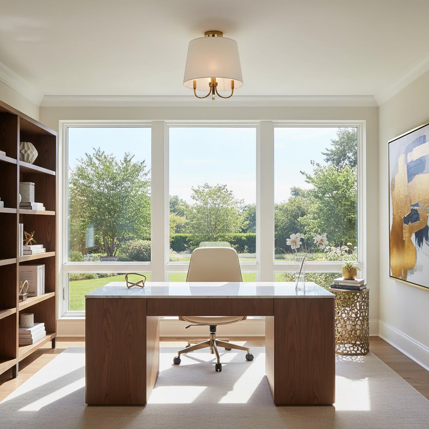 Shown in Brushed Gold finish and White Linen shade