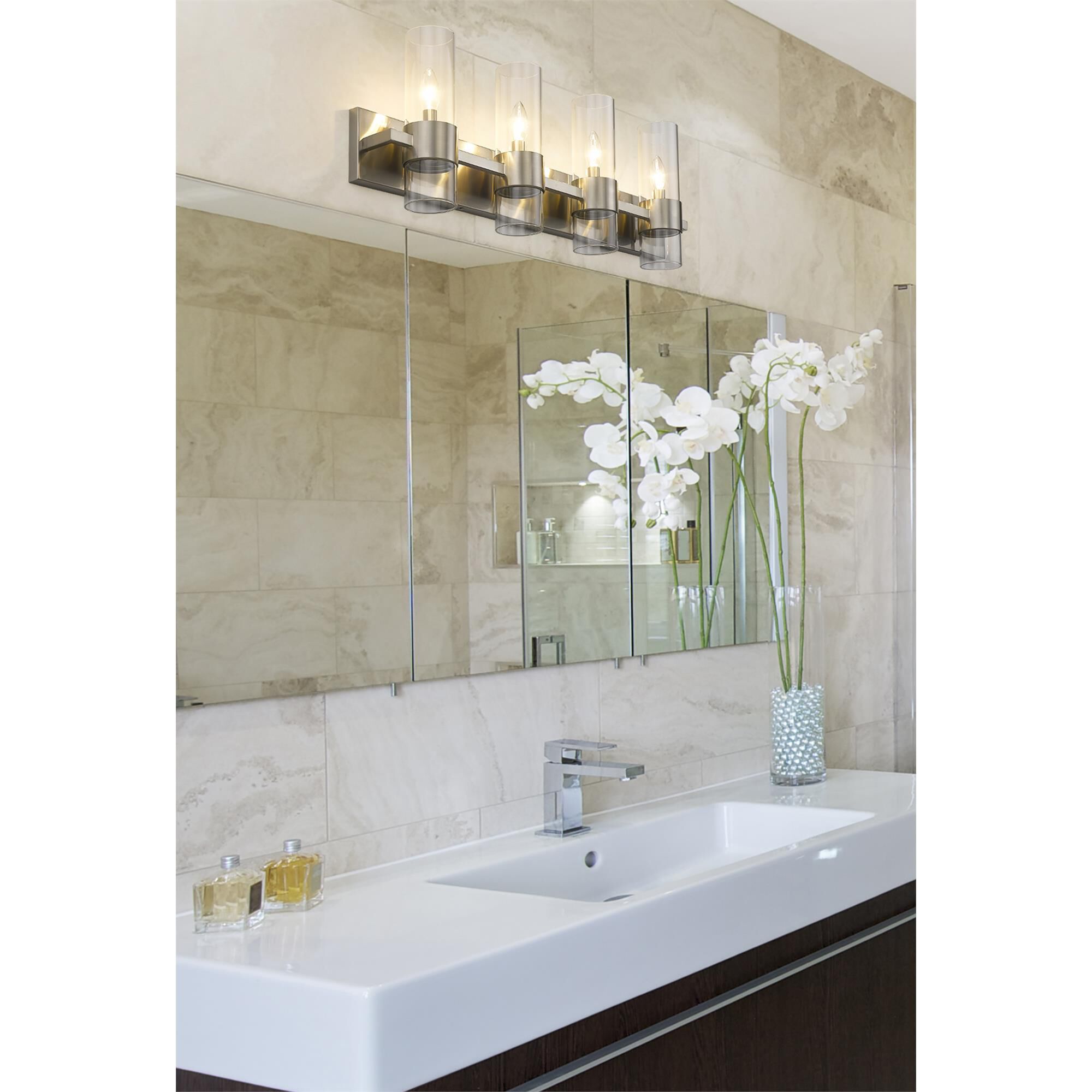 Shown in Brushed Nickel finish and Clear glass and Clear shade