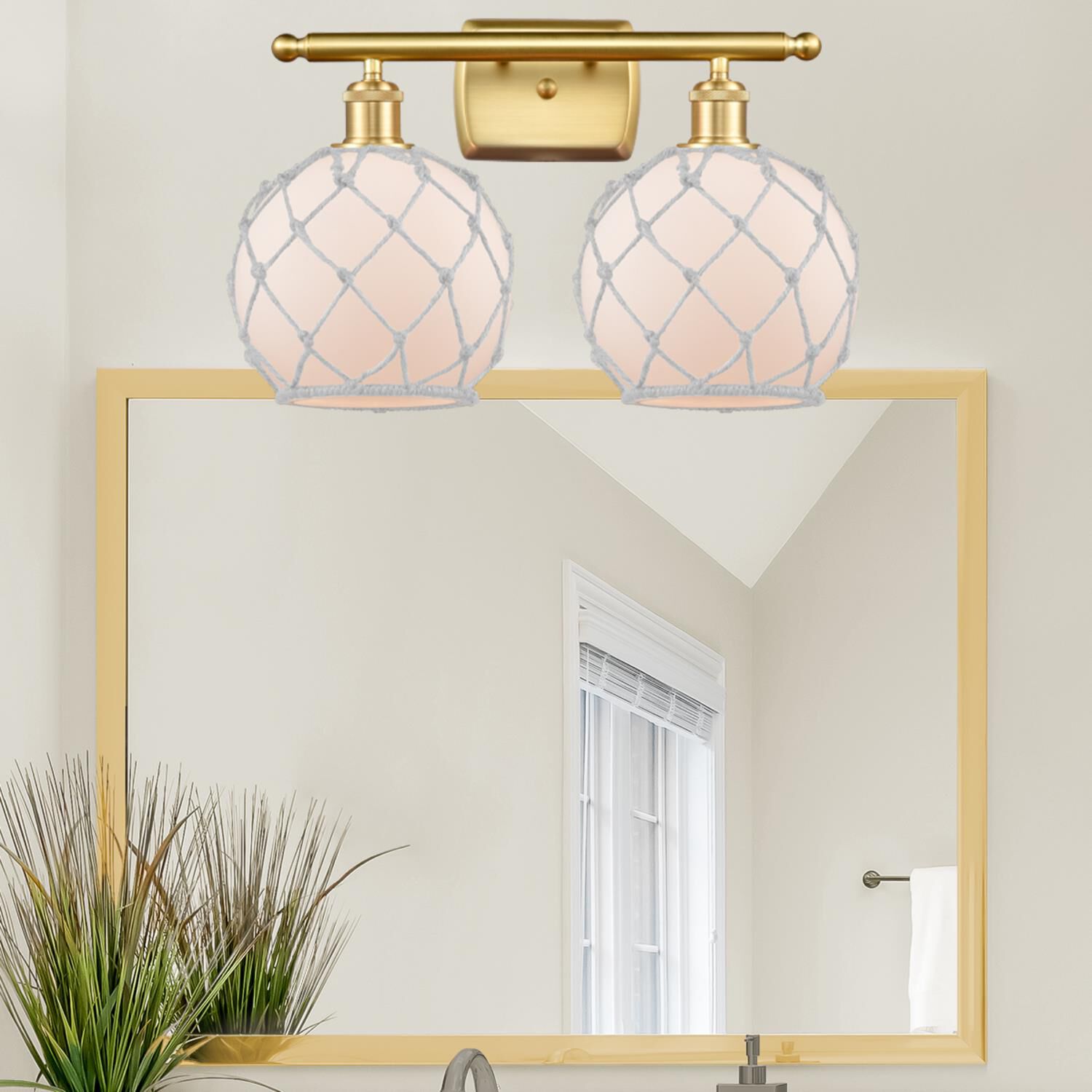 Shown in Satin Gold finish and White glass and White Rope accent