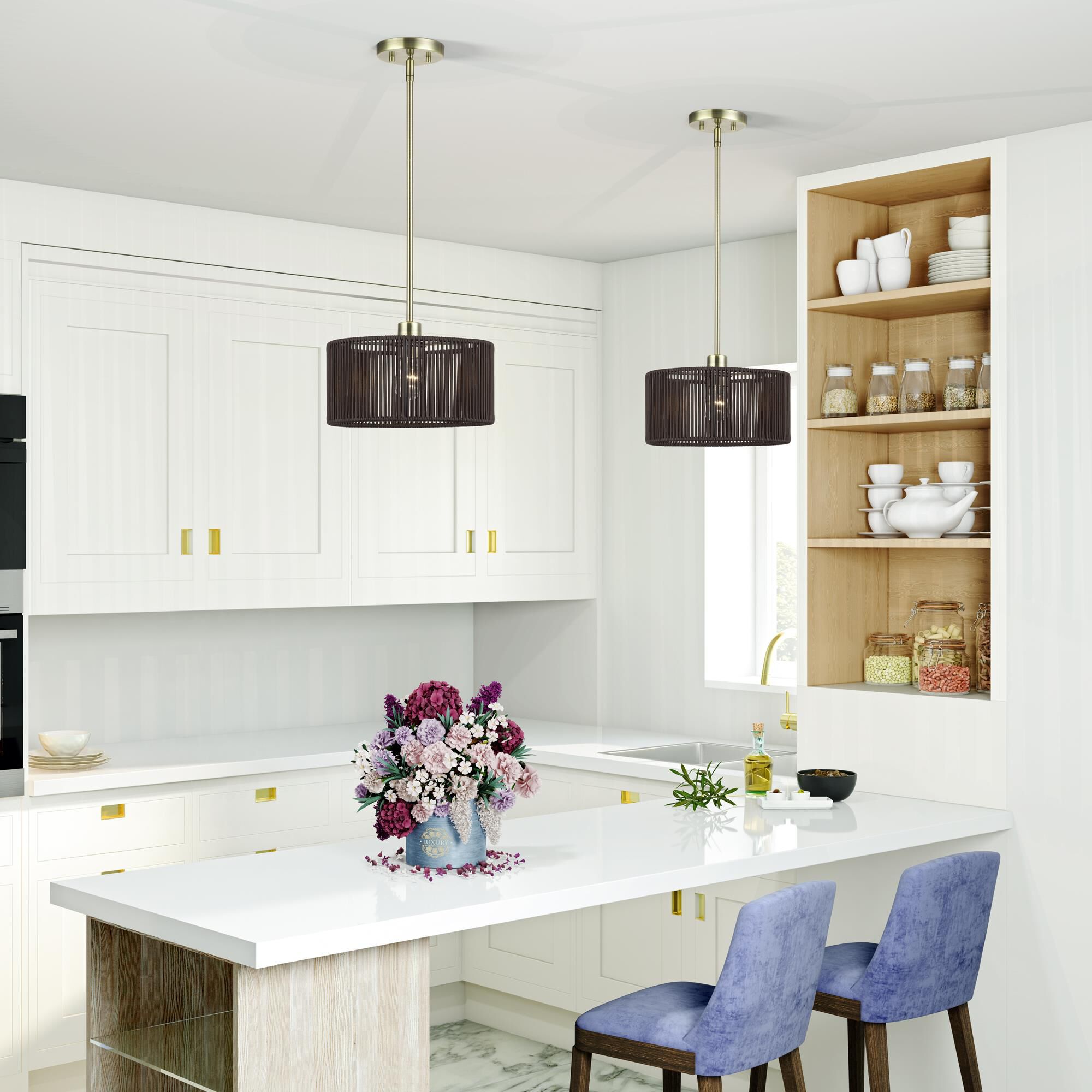 Shown in Antique Brass finish and Hand-Woven Dark Chocolate Color Polyester Rope shade