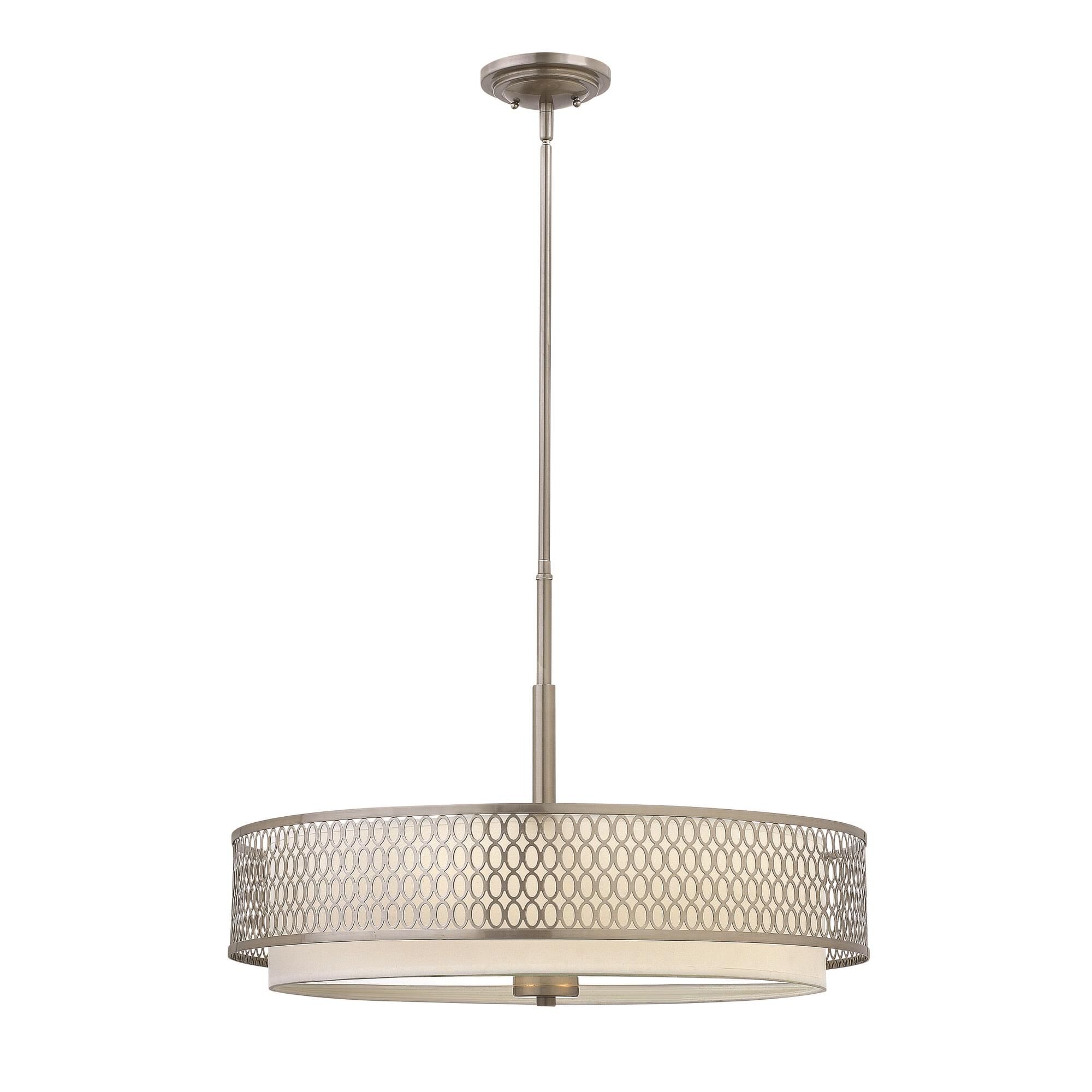 Shown in Brushed Nickel finish and Etched Lens glass and White Linen shade