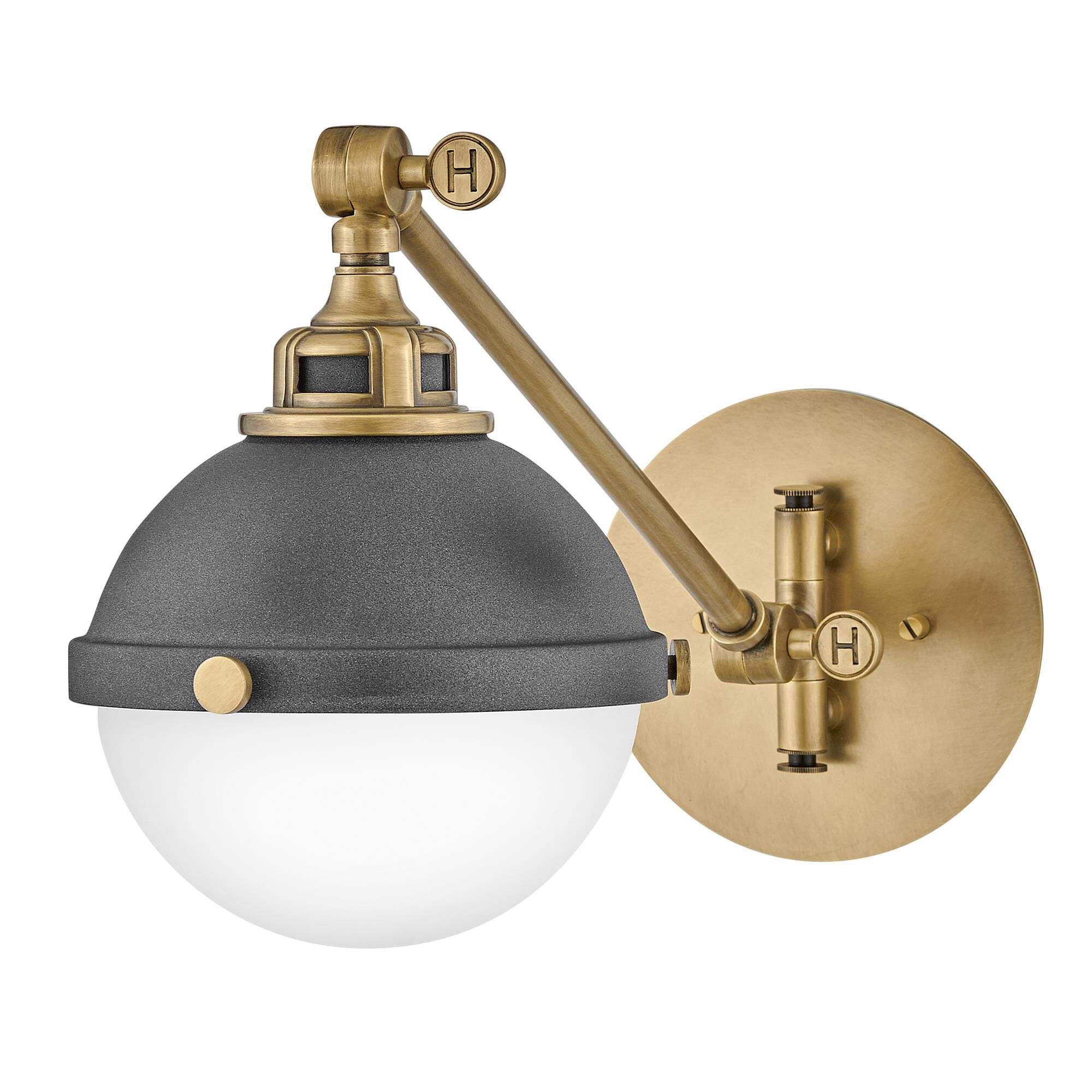 Shown in Aged Zinc finish and Etched Opal glass and Heritage Brass accent