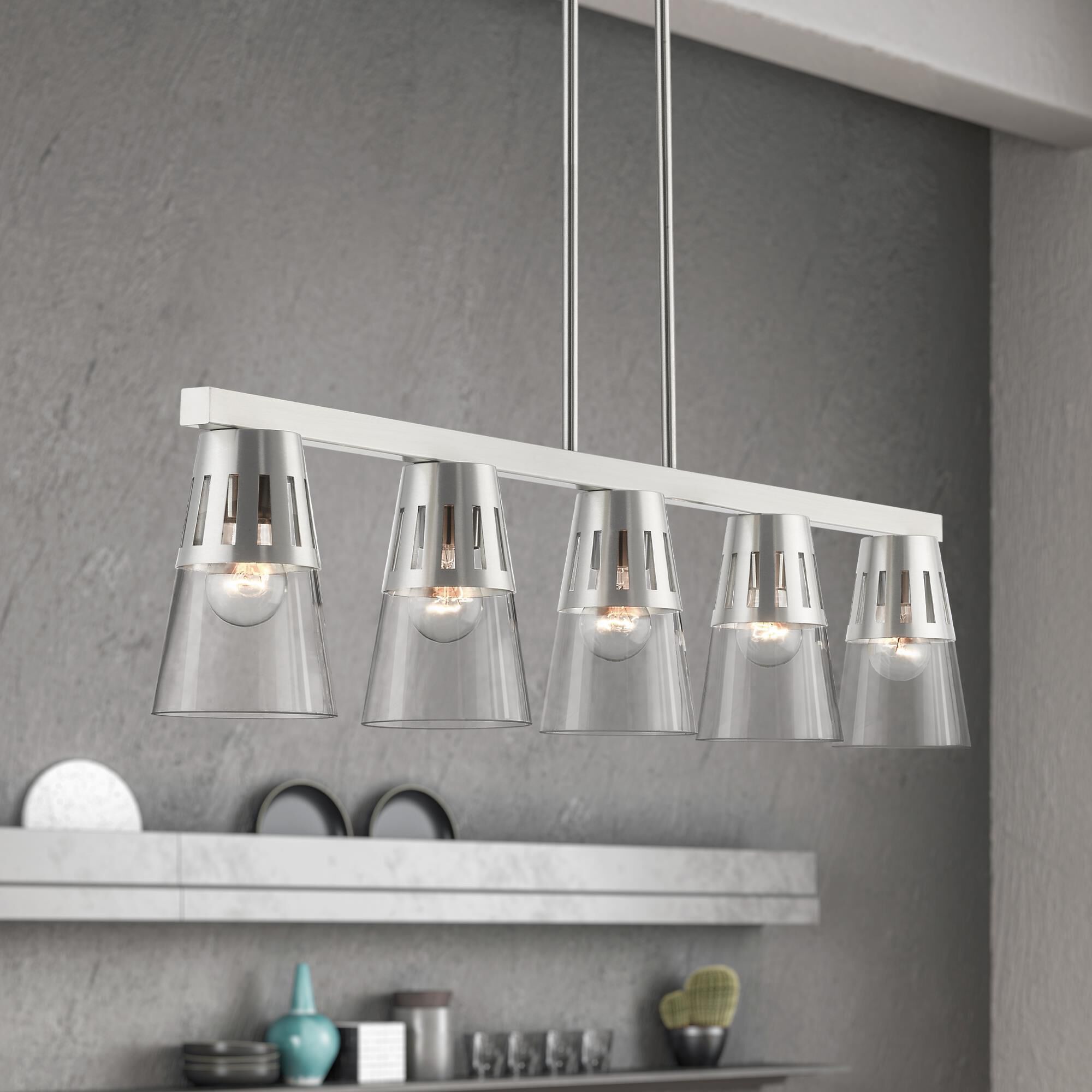 Shown in Brushed Nickel finish and Clear Hand Blown glass