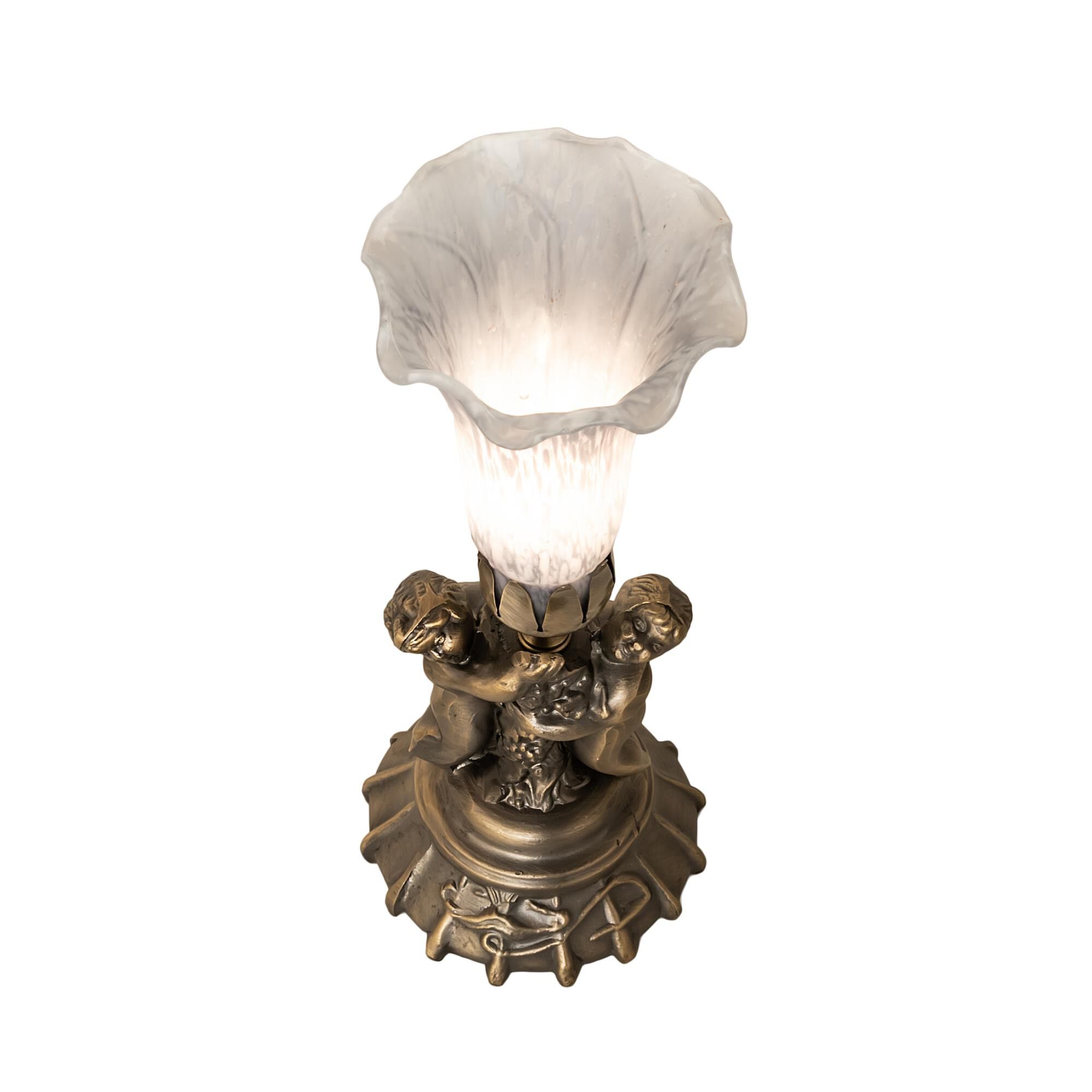 Shown in Antique Brass finish and Grey glass